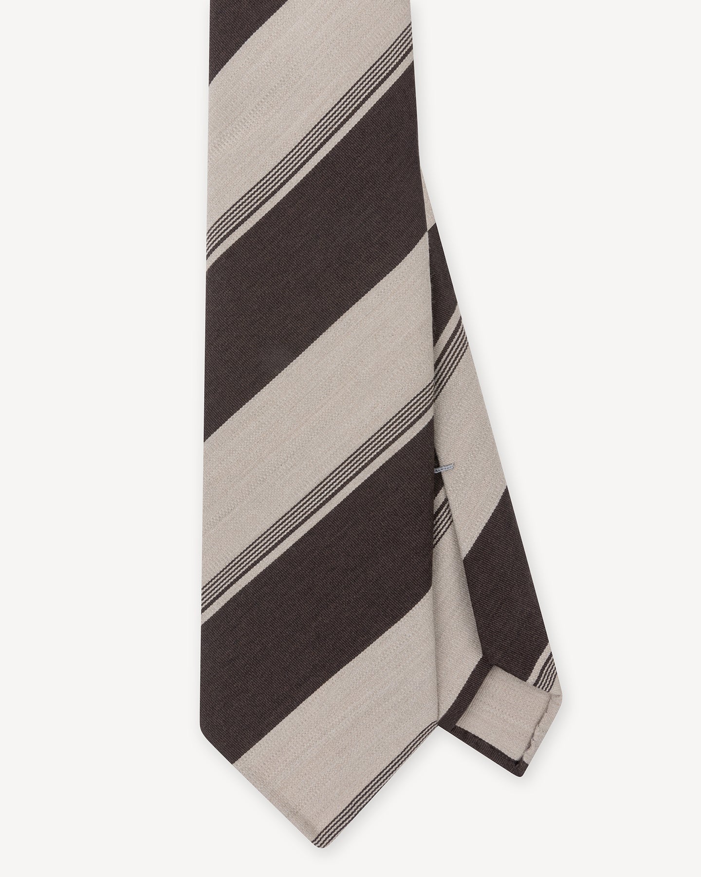 Top view of a brown and beige stripe wool cotton tie