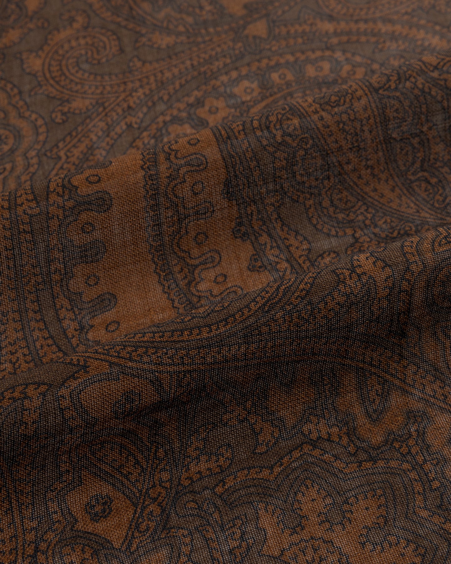 Dark brown low contrast paisley print wool silk fabric