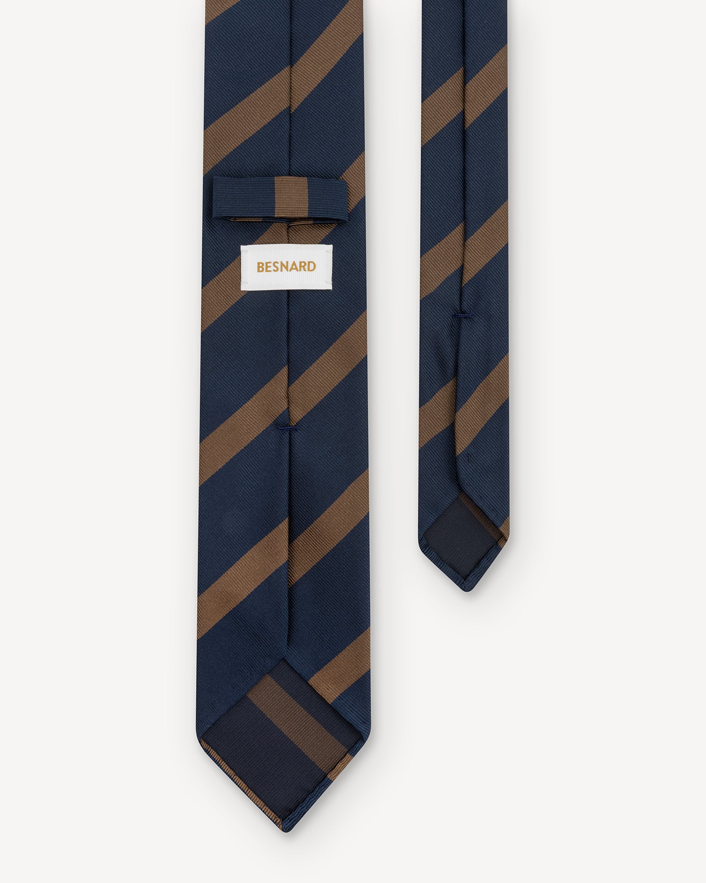 Back of dark navy and tobacco repp tie with Besnard keeper loop