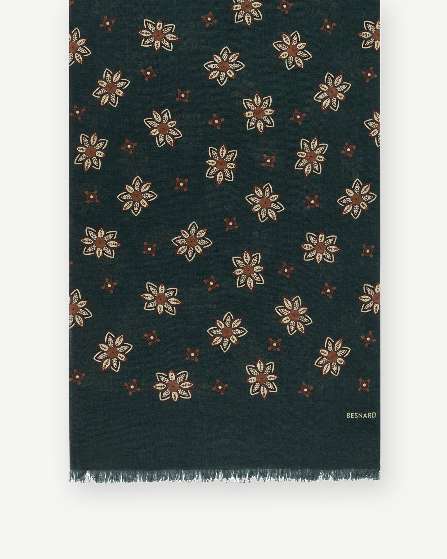 Green floral printed scarf with fringed ends