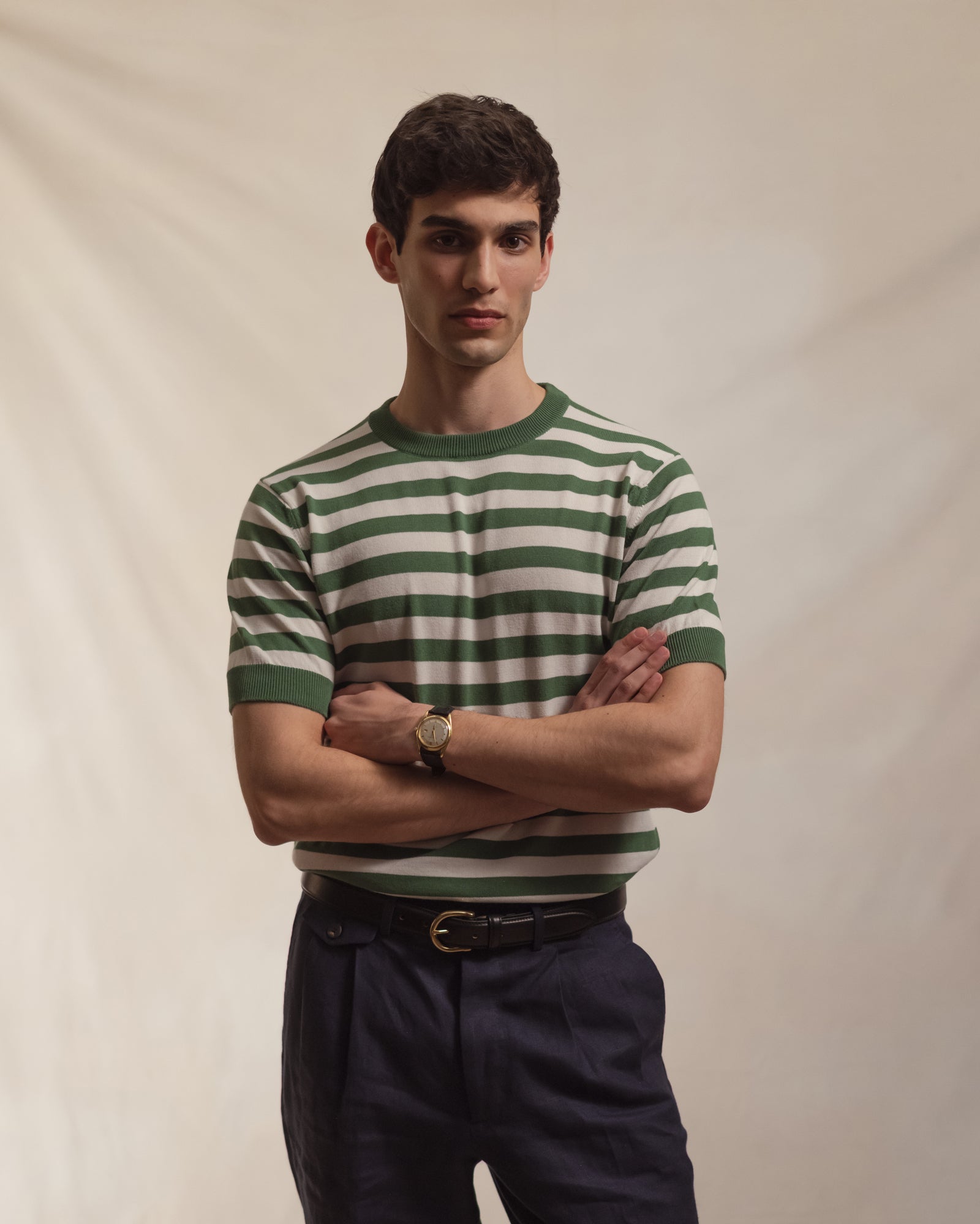 Green Ecru Stripe Knitted T-Shirt