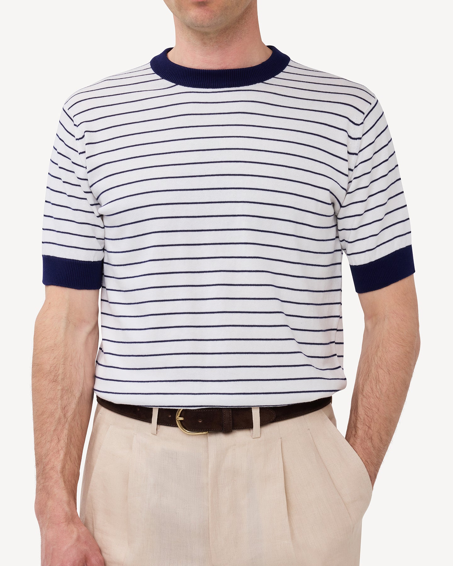 White Navy Breton Stripe Knitted T-Shirt