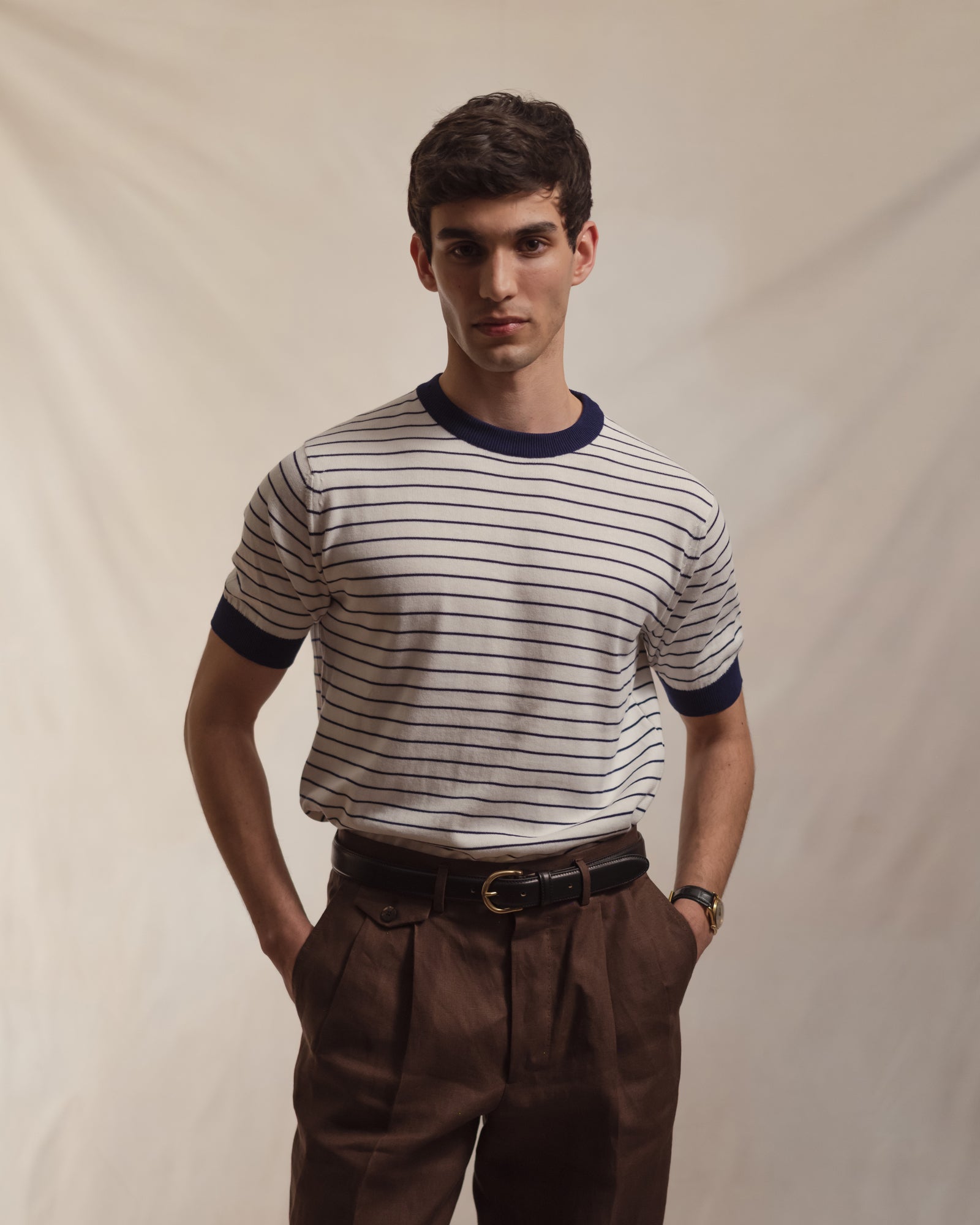 White Navy Breton Stripe Knitted T-Shirt