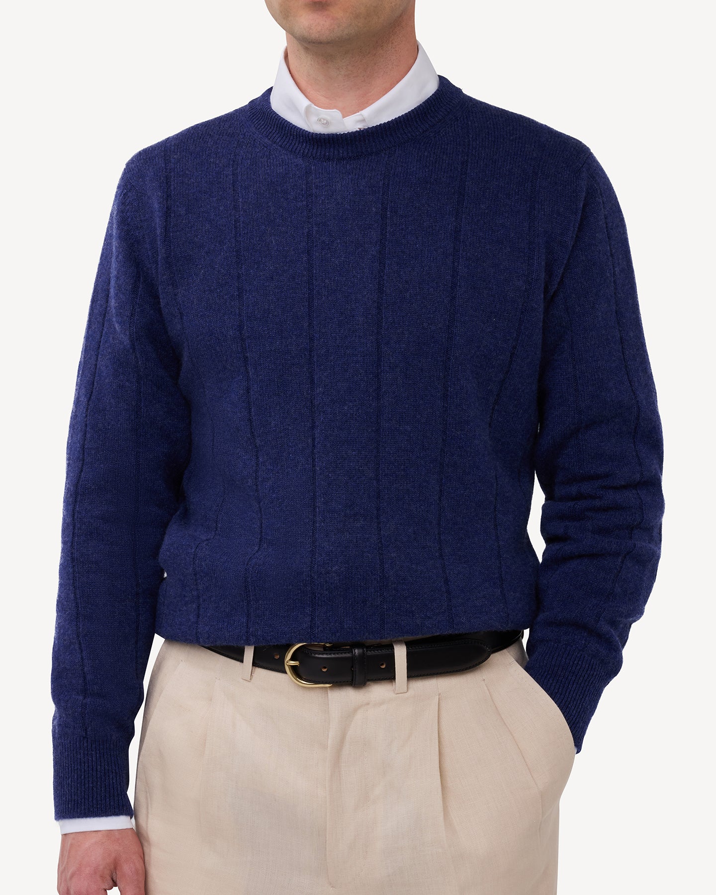Dark Blue Cashmere Cotton Wide Rib Crew Neck