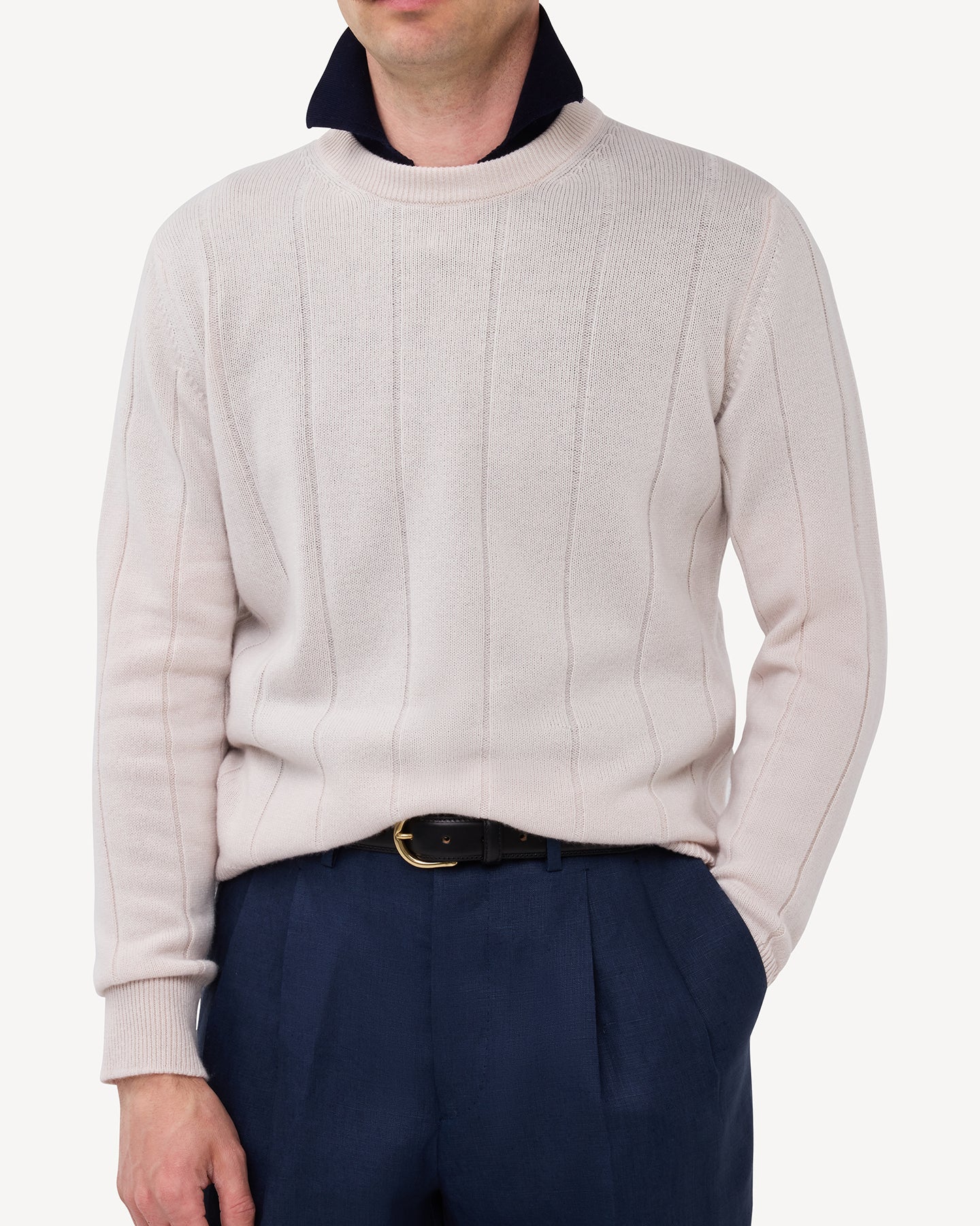 Ecru Cashmere Cotton Wide Rib Crew Neck