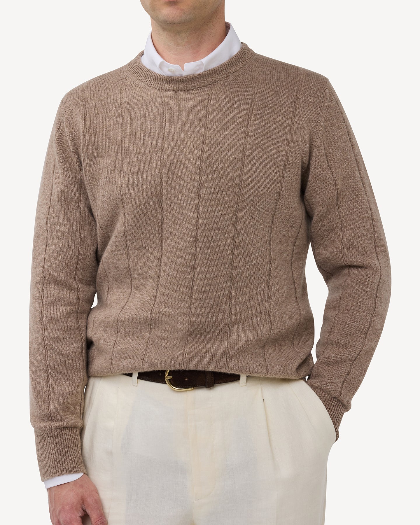 Light Brown Cashmere Cotton Wide Rib Crew Neck