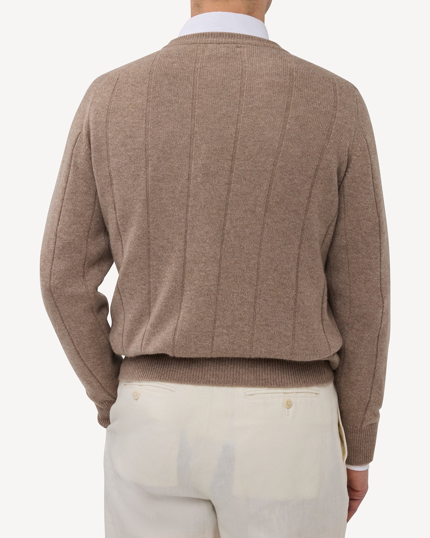 Light Brown Cashmere Cotton Wide Rib Crew Neck