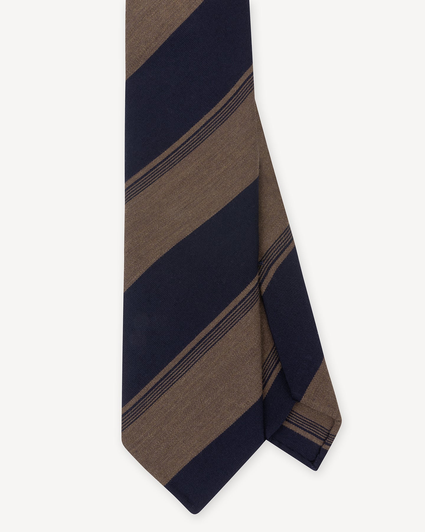 Top view of a navy and mid brown stripe wool cotton tie