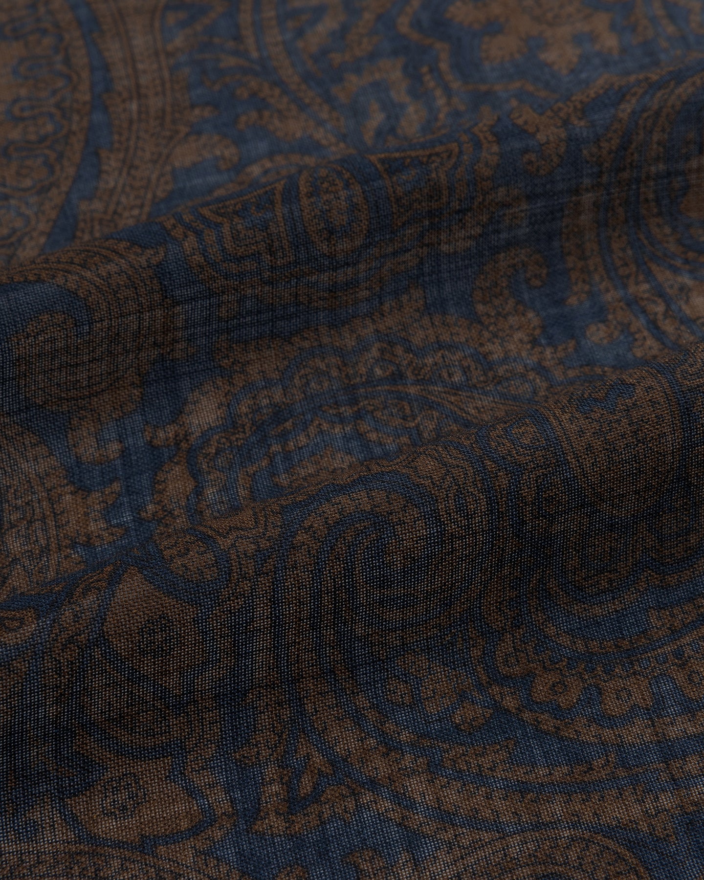 Navy brown low contrast paisley wool silk fabric