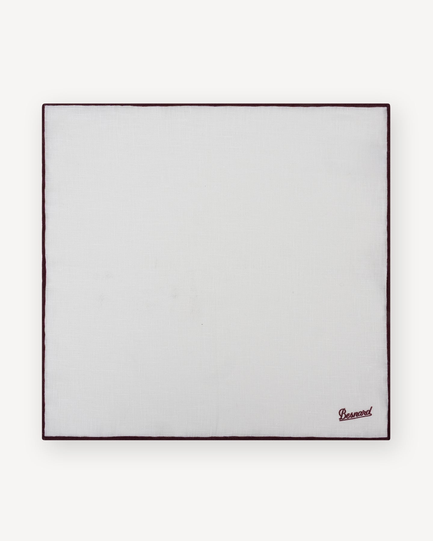 White linen pocket square with burgundy shoestring