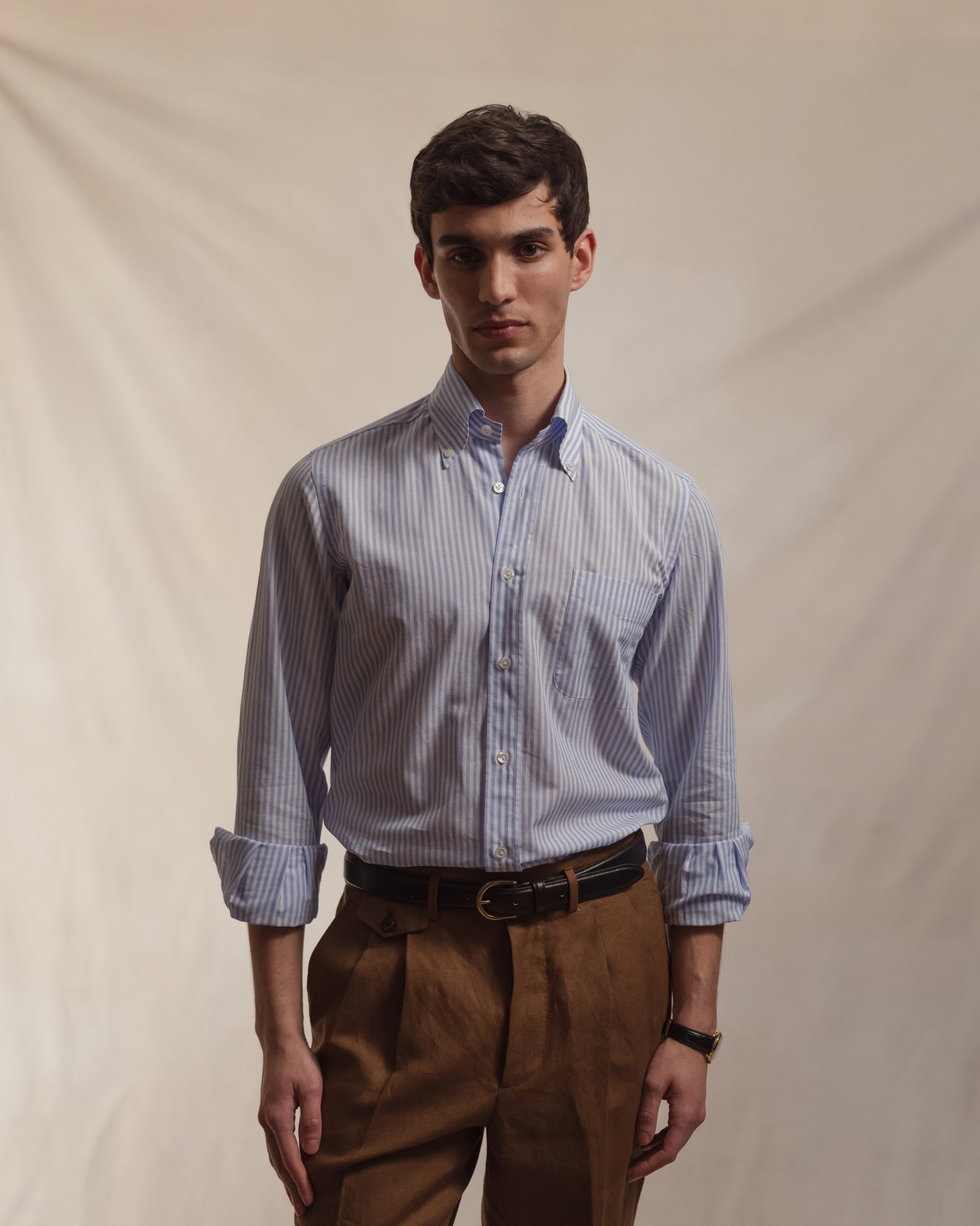Light Blue Bengal Stripe Cotton Linen Button Down Shirt