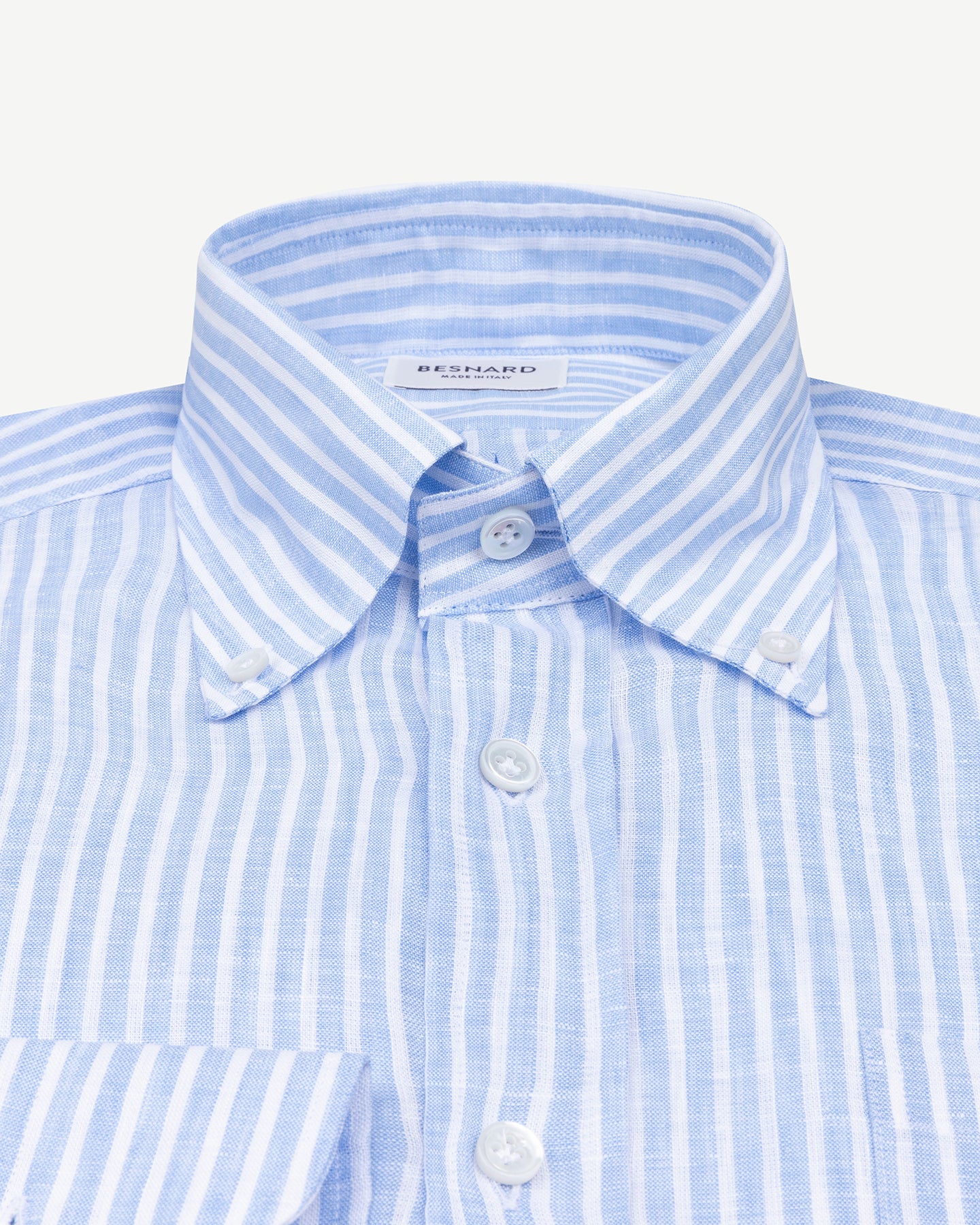 Light blue reverse stripe linen shirt with button down collar