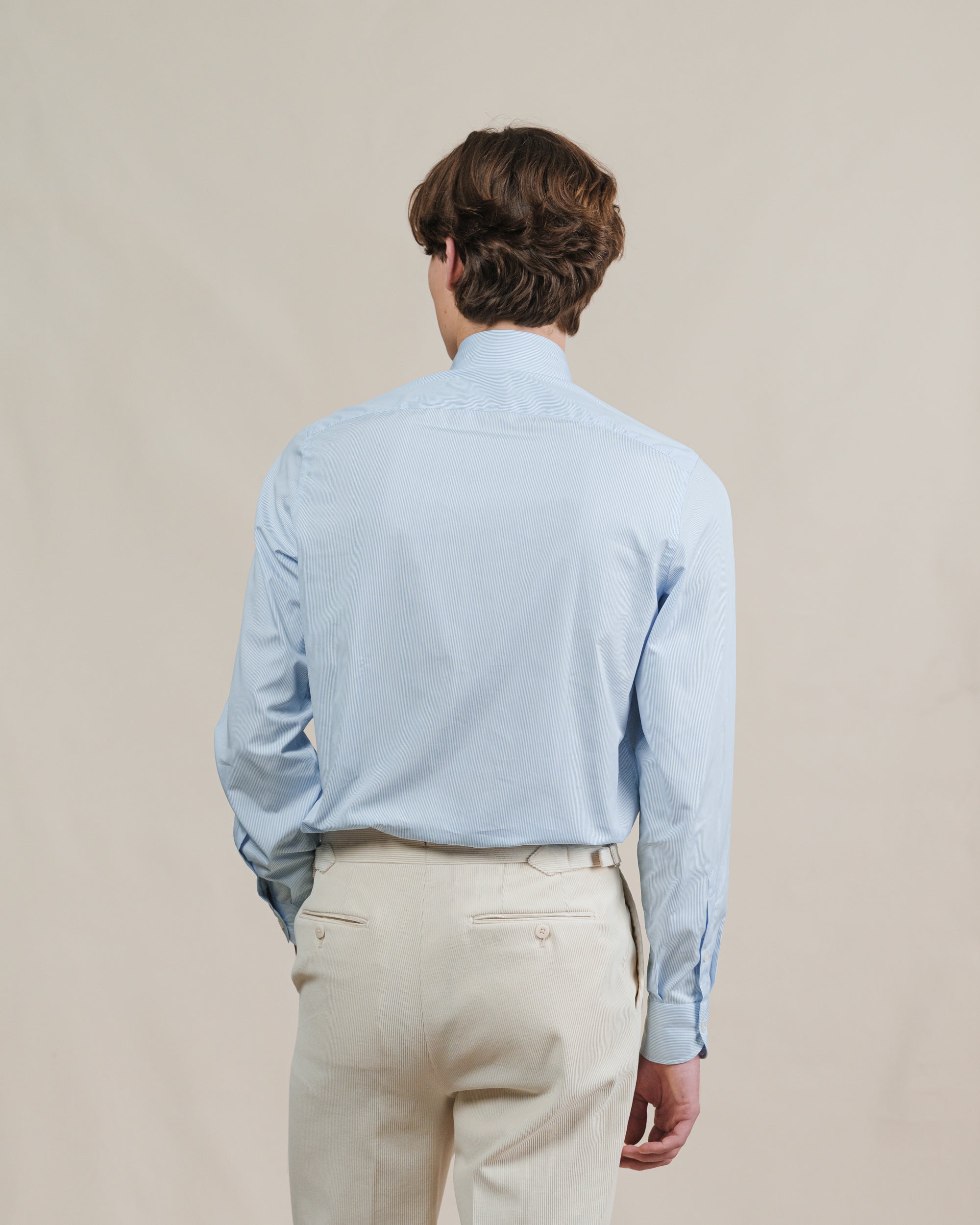Light Blue Fine Bengal Stripe Poplin Spread Collar Shirt