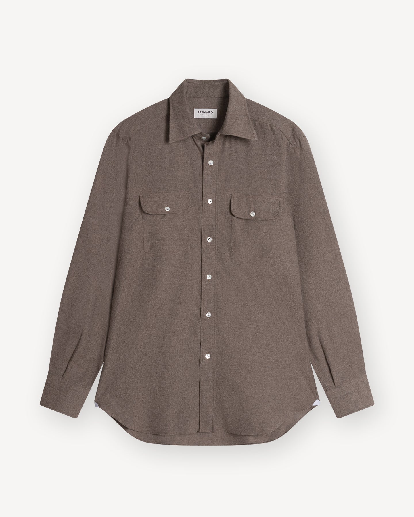 Taupe brushed cotton point collar shirt with chest pockets with flaps