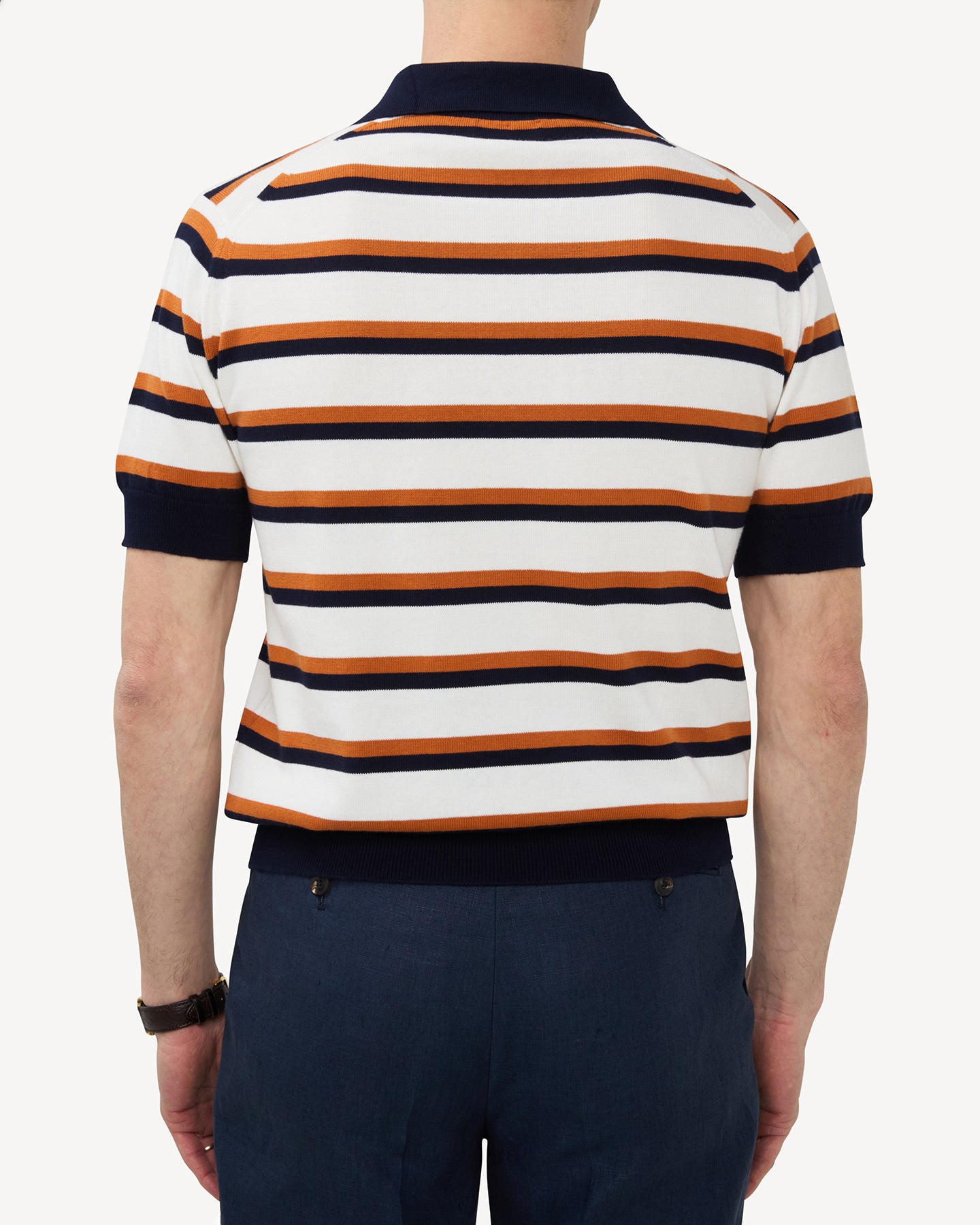 White Caramel and Navy Striped Cotton Skipper Polo