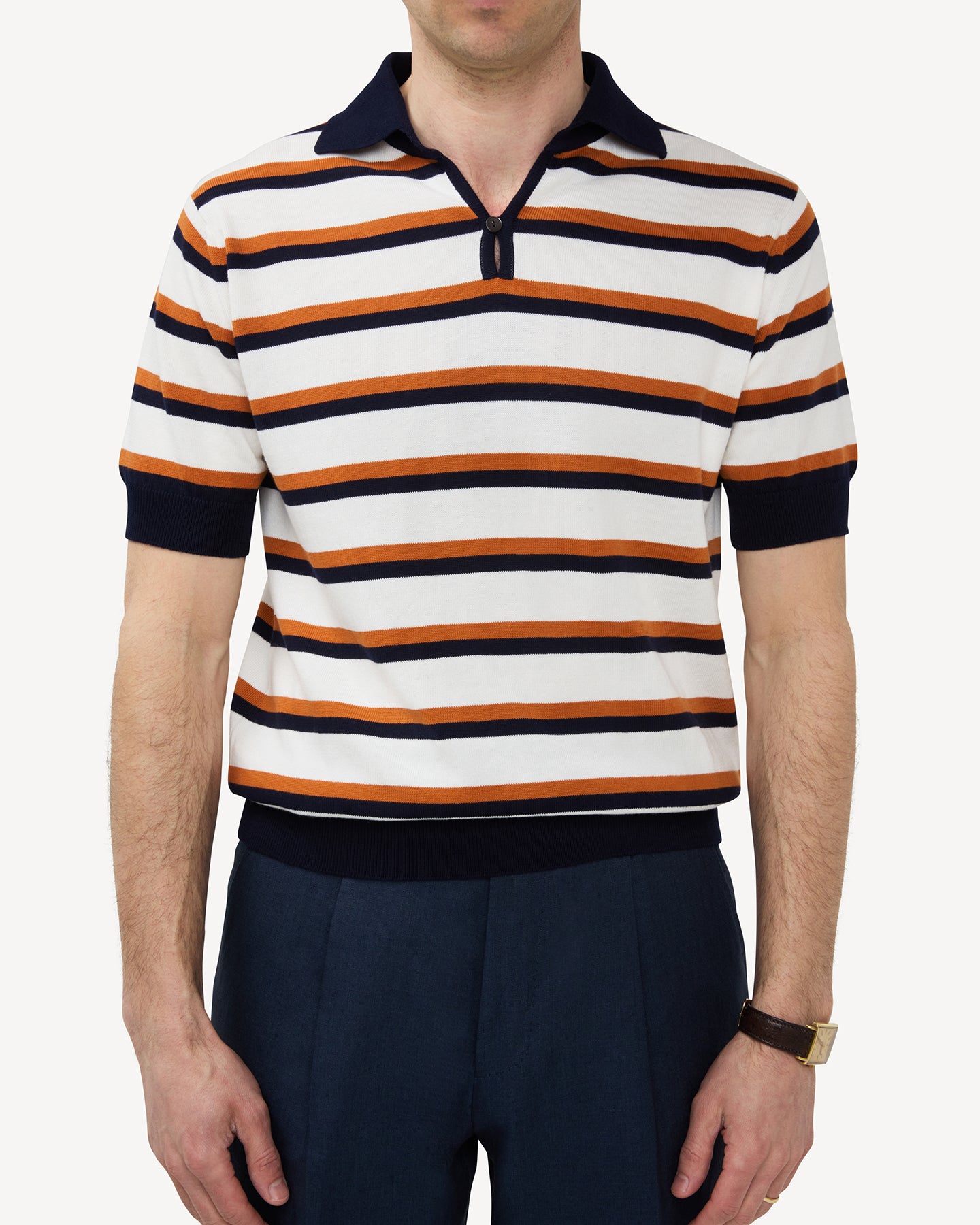 White Caramel and Navy Striped Cotton Skipper Polo