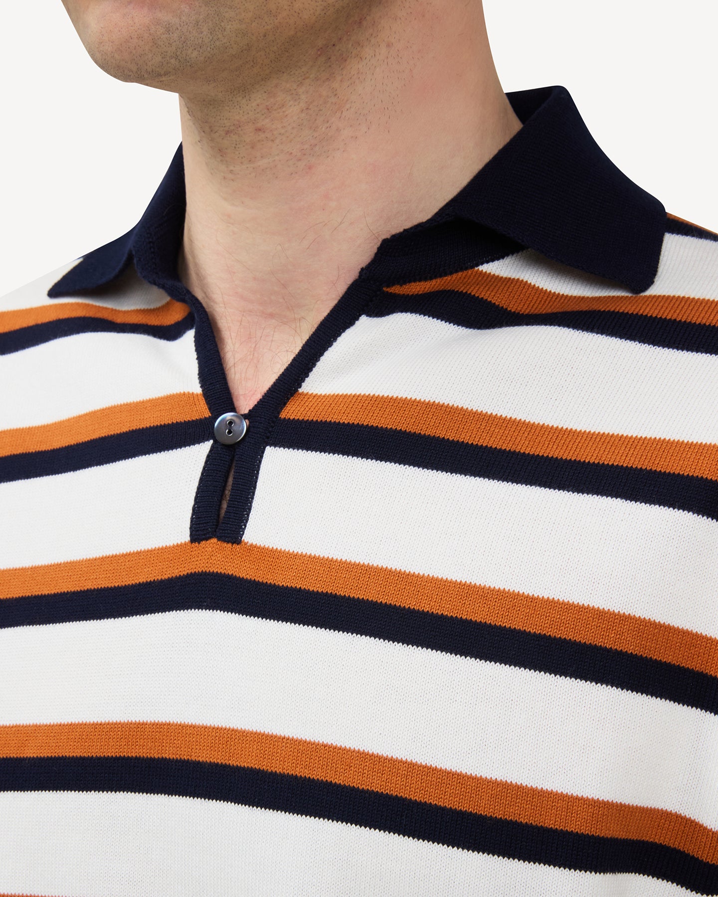 White Caramel and Navy Striped Cotton Skipper Polo