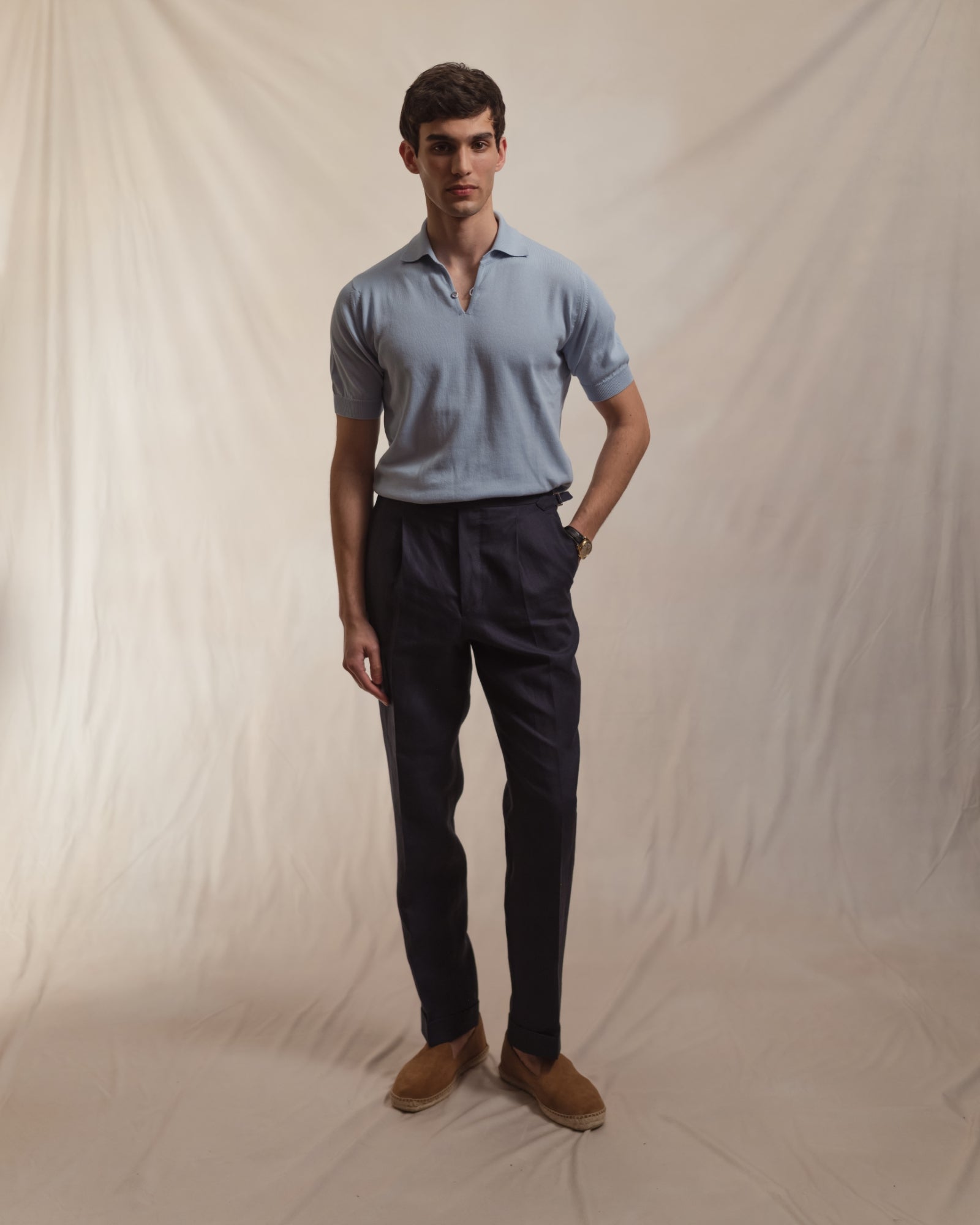 Navy Single Pleat Linen Trousers