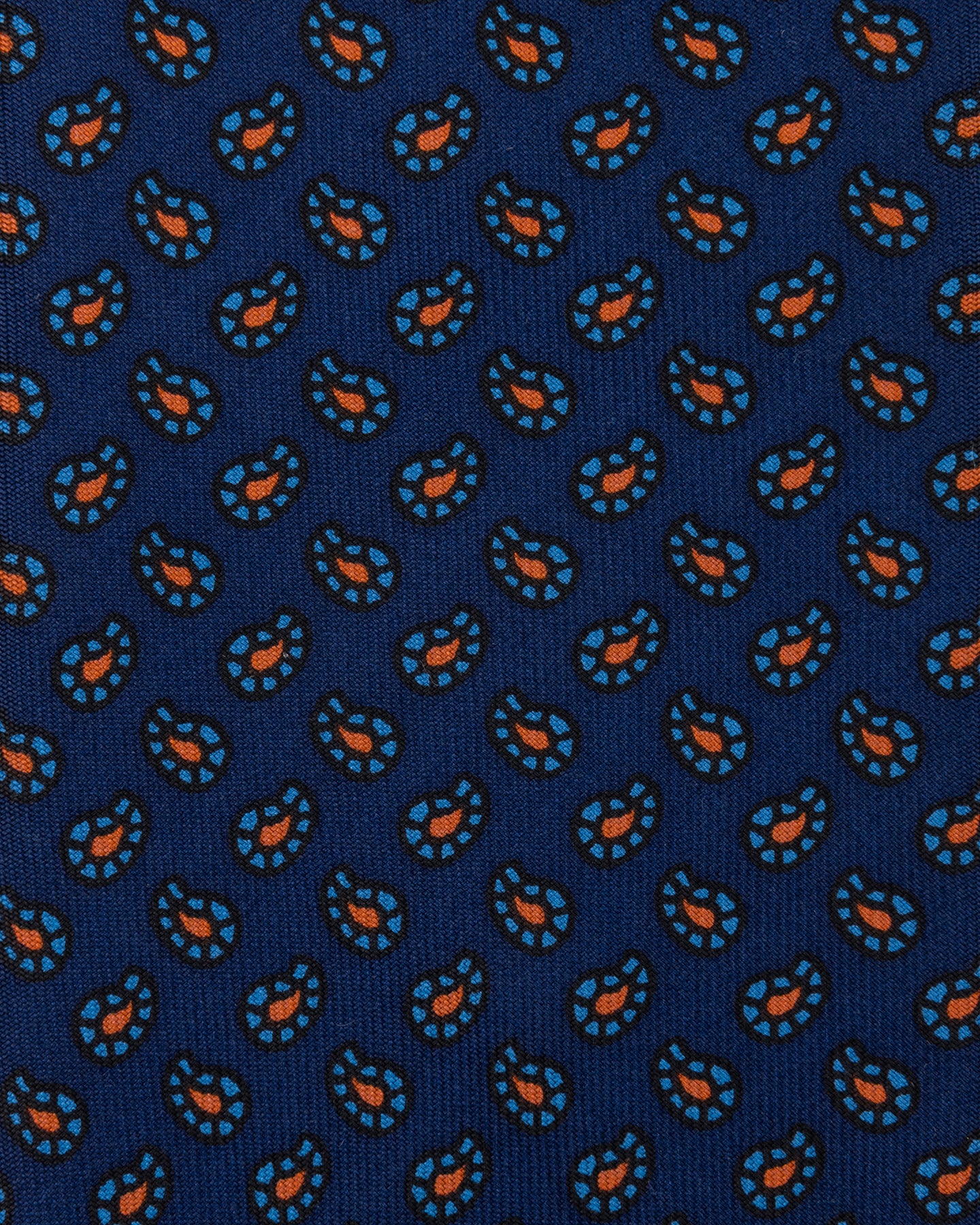 Dark blue Ancient Madder tie with small paisley pattern in light blue and orange