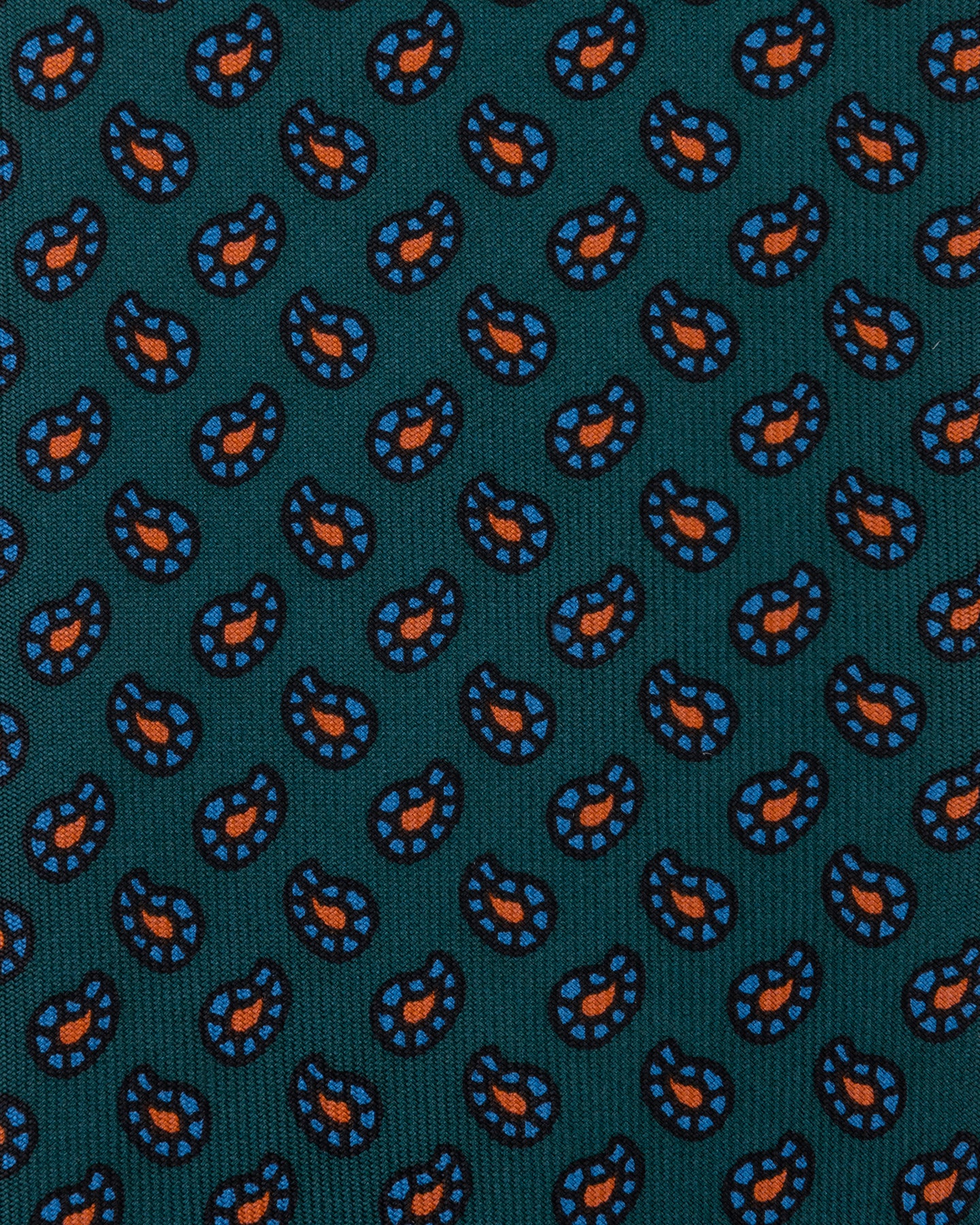 Green Ancient Madder tie with small paisley pattern in light blue and orange