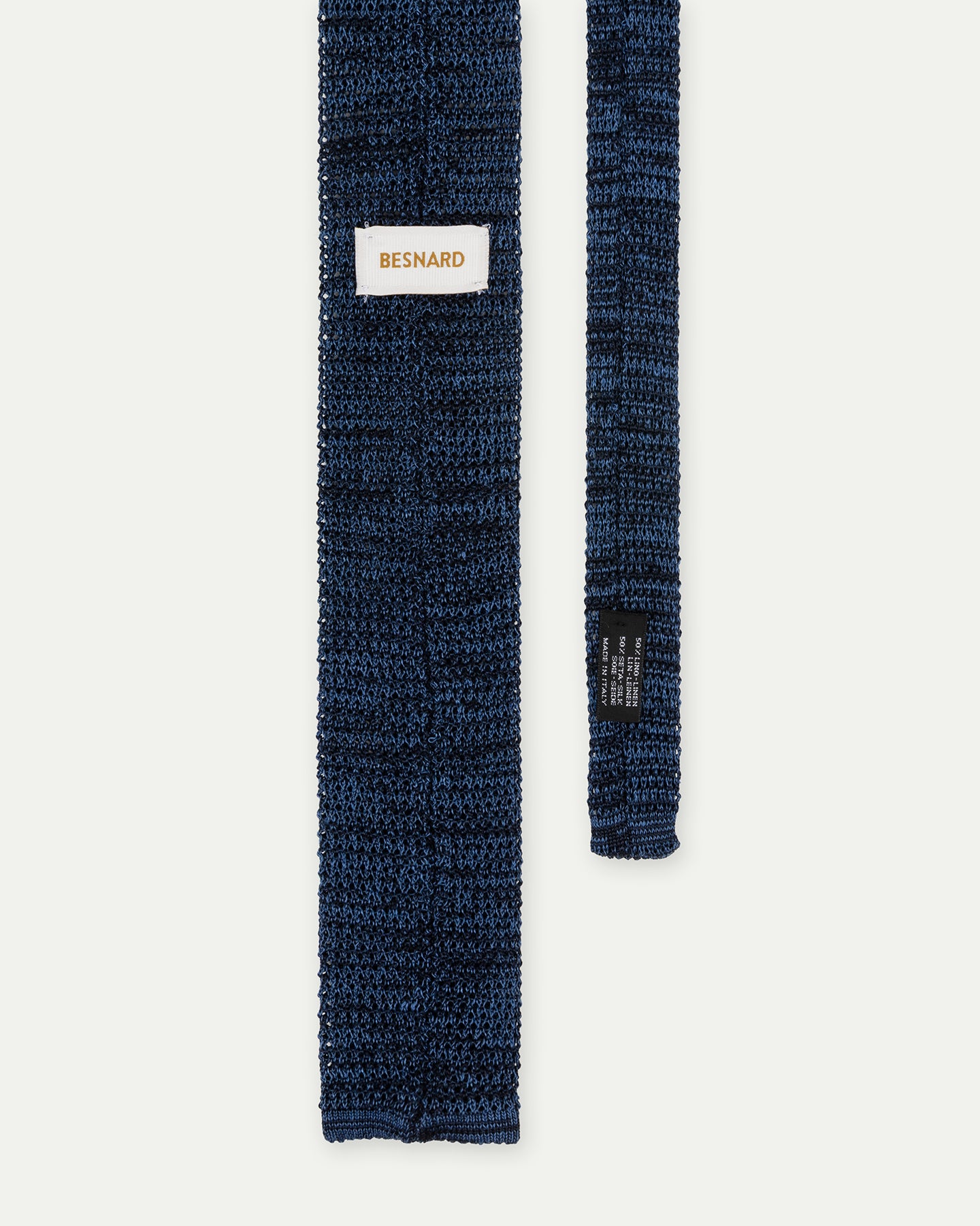 The back of a Dark Blue Melange Knitted Silk Linen Tie
