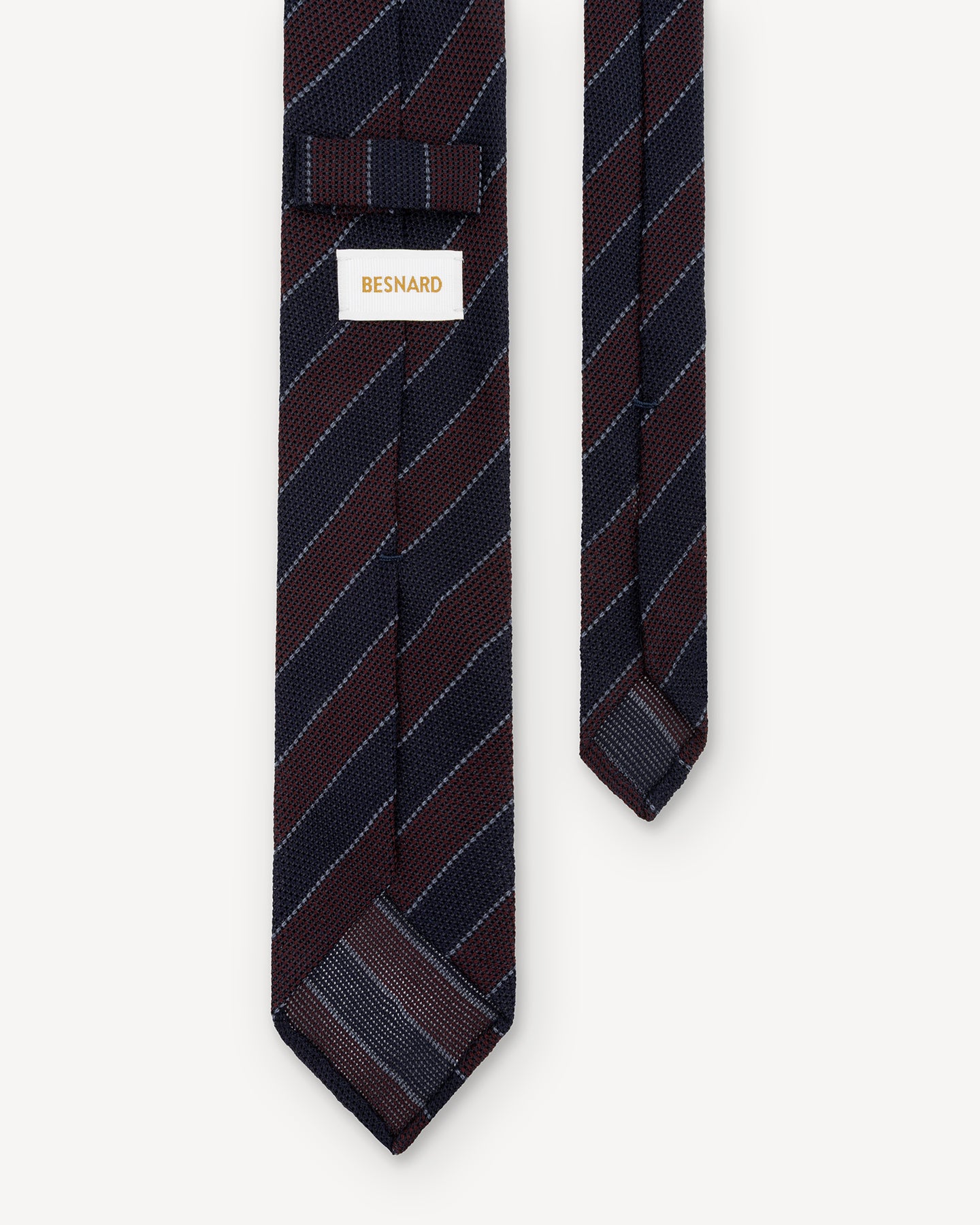 Back of navy and burgundy grenadine tie with Besnard keeper loop
