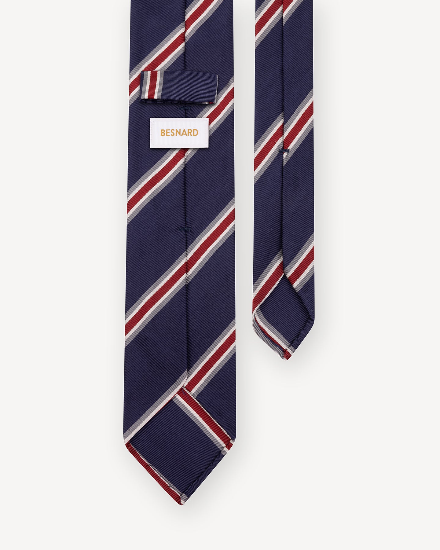 Navy Red Grey Regimental Stripe Mogador Tie with handrolled blades