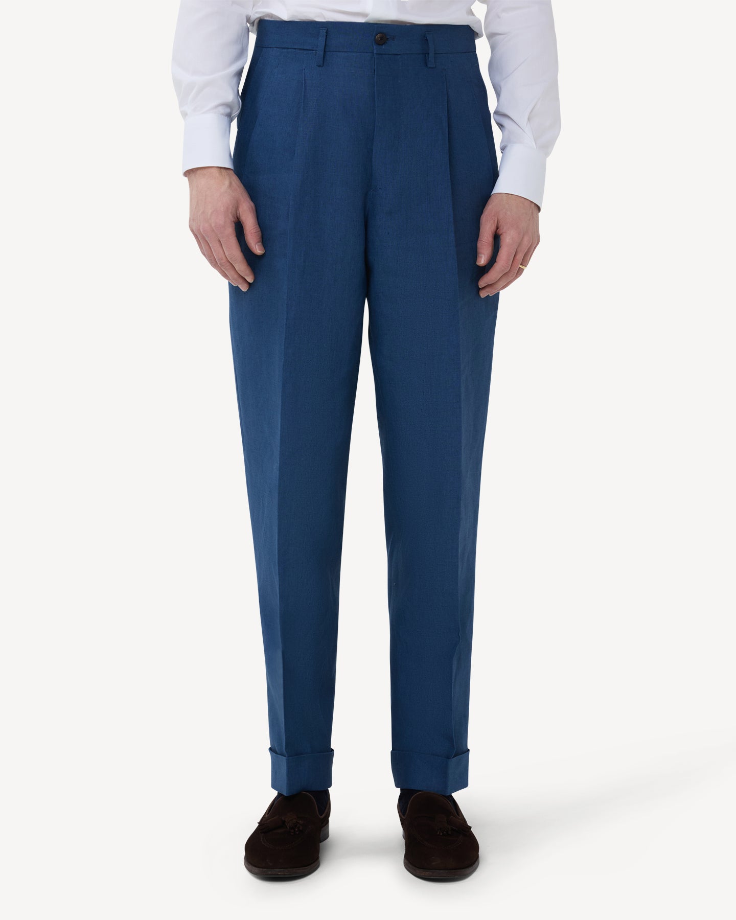 The front of blueberry linen trousers with double pleats and belt loops