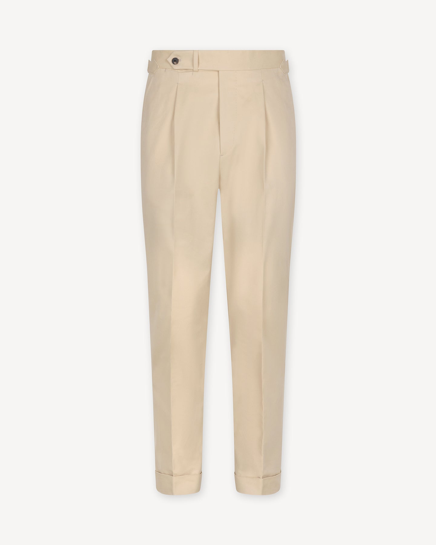 Cream cotton trousers with single pleats and side adjusters