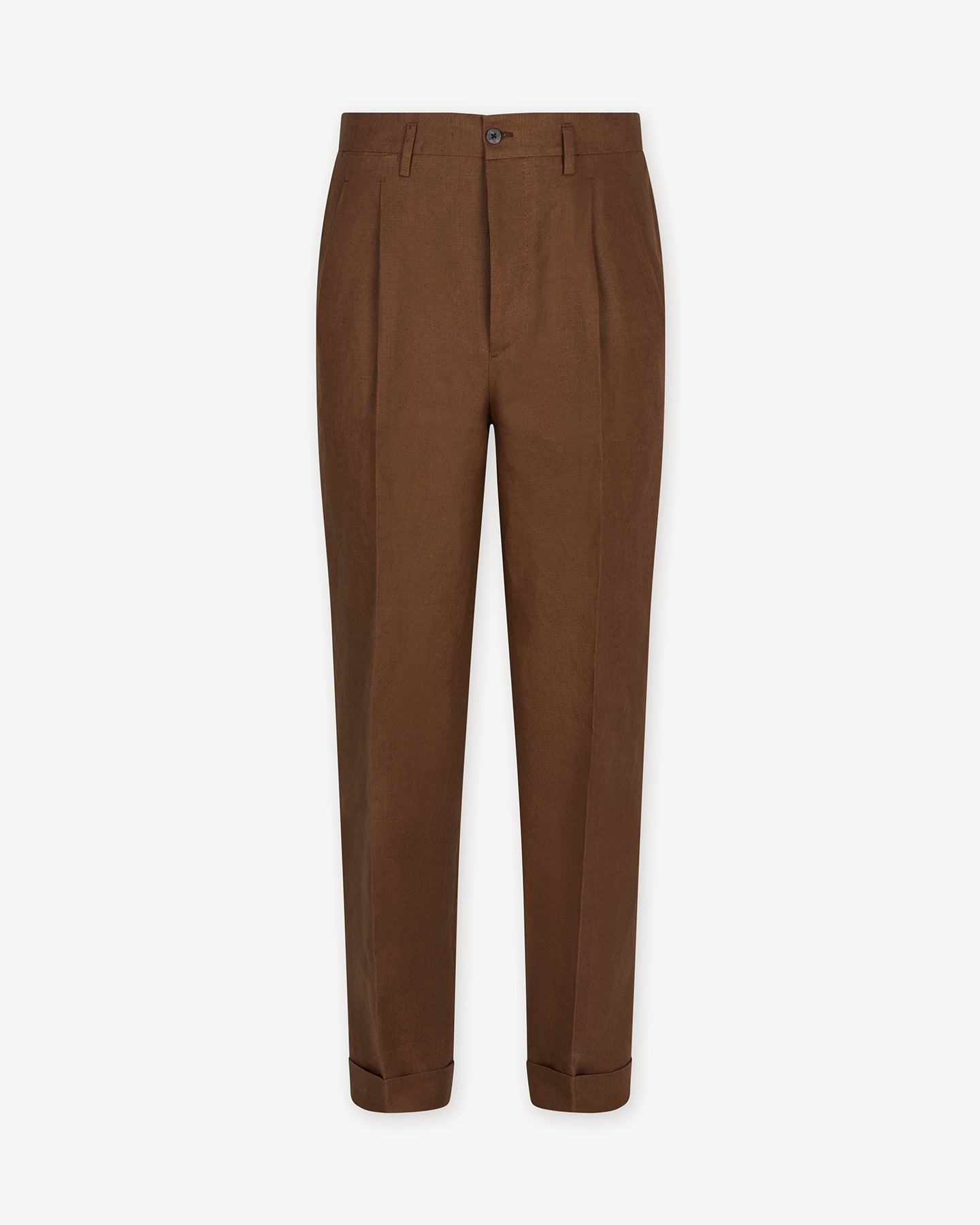 Dark Tan Double Pleat Linen Trousers