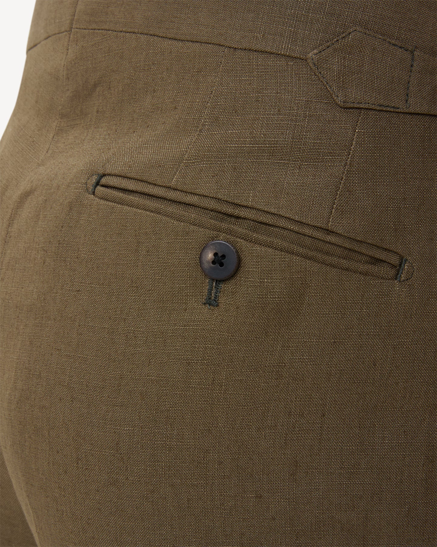 Olive brown linen trousers with horn buttons