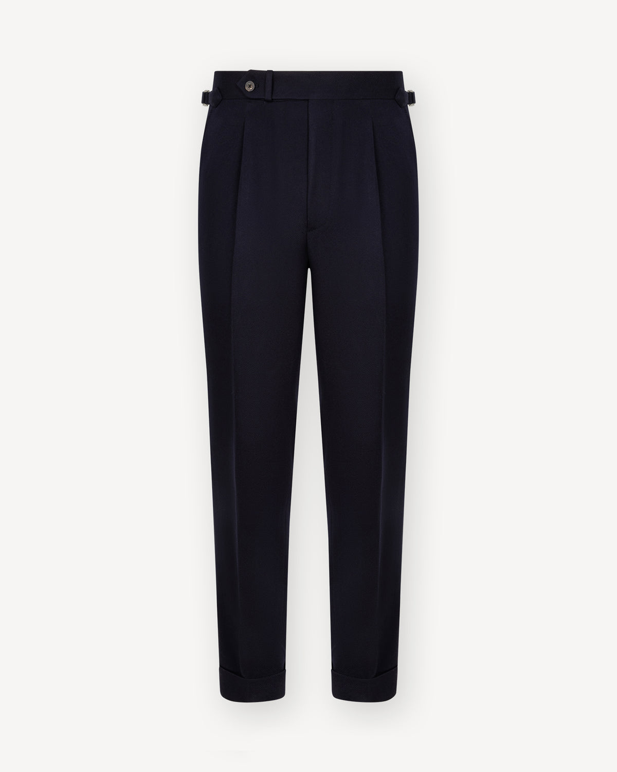 Navy cavalry twill trousers with single pleats and side adjusters