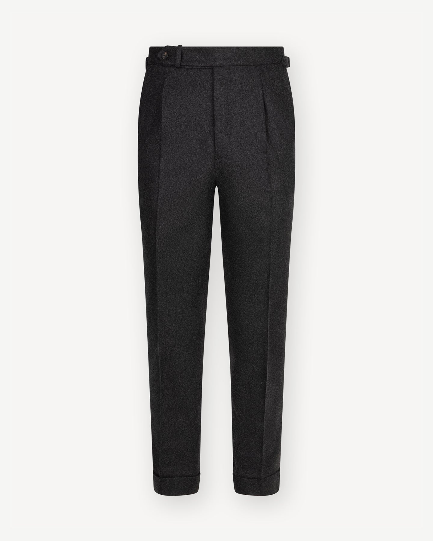 Charcoal flannel trousers with single pleats and side adjusters