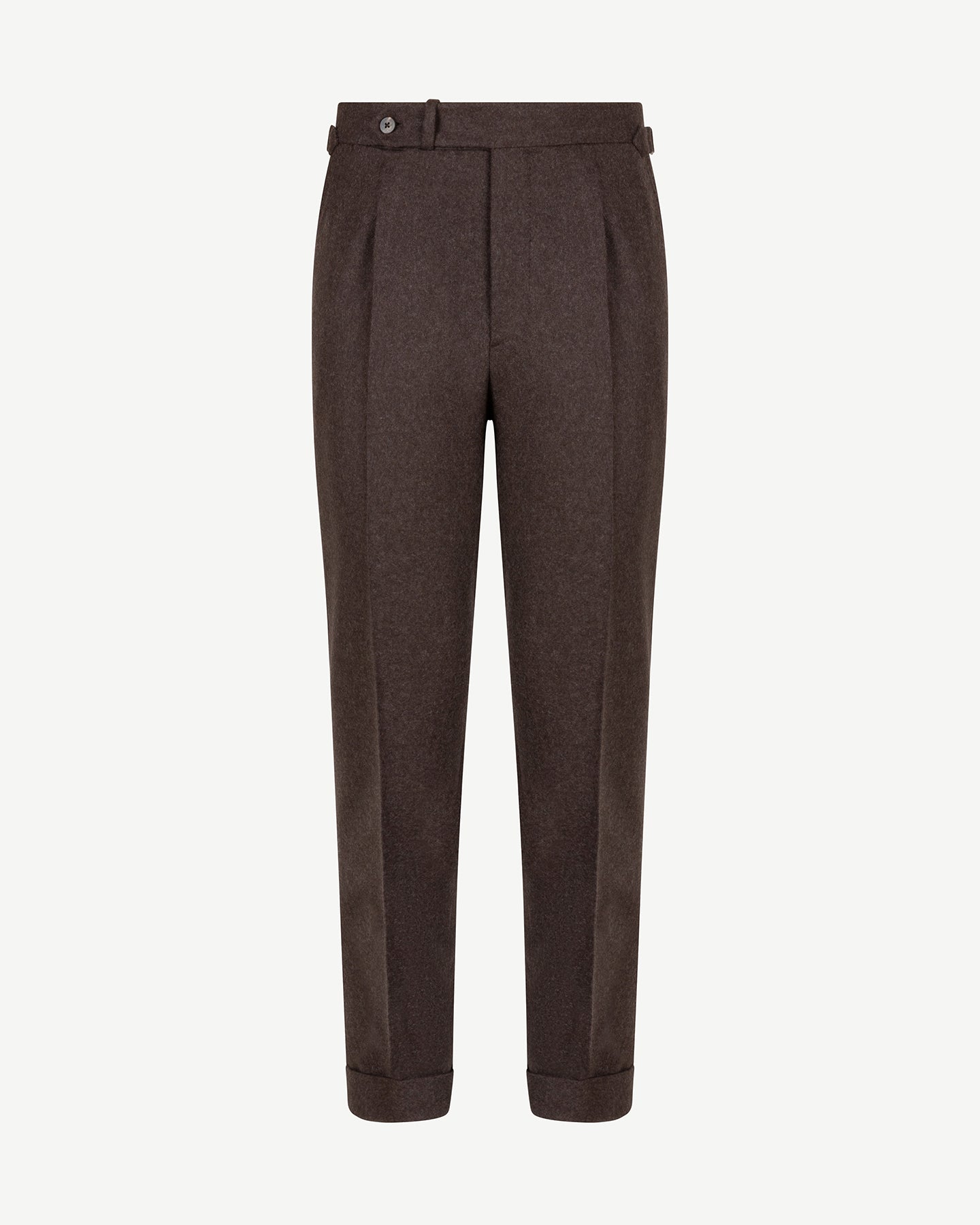 Dark brown flannel trousers with single pleats and side adjusters