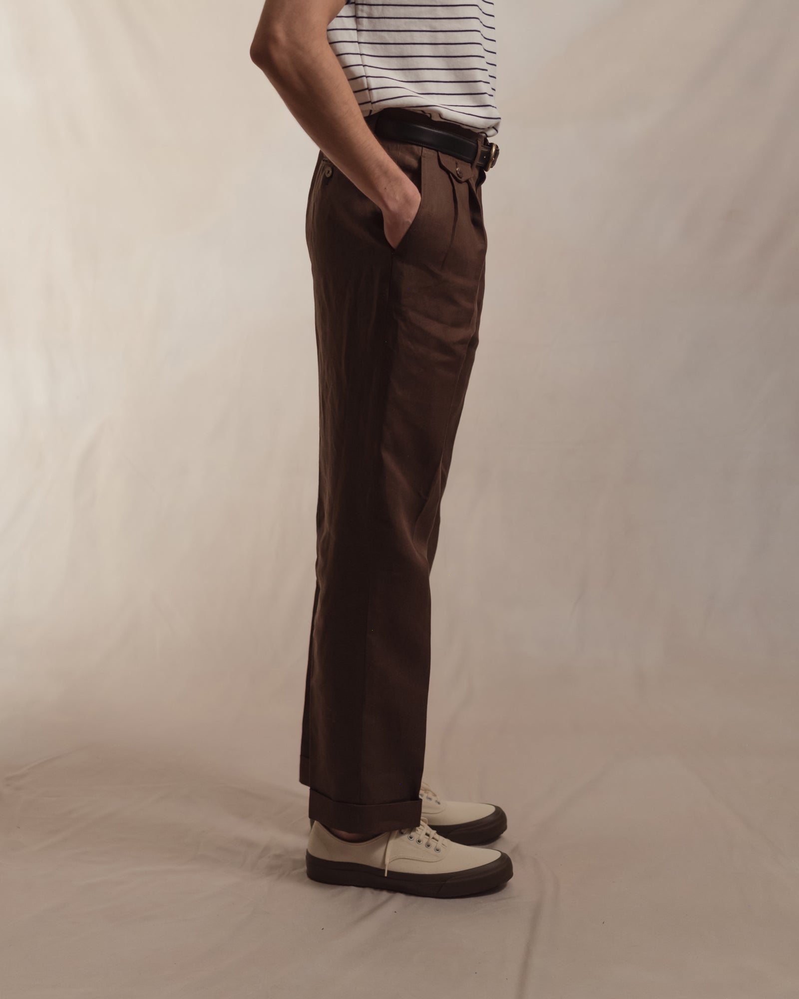 Dark Brown Double Pleat Linen Trousers