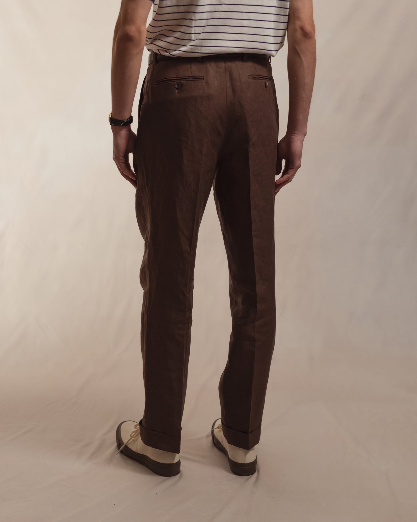 Dark Brown Double Pleat Linen Trousers