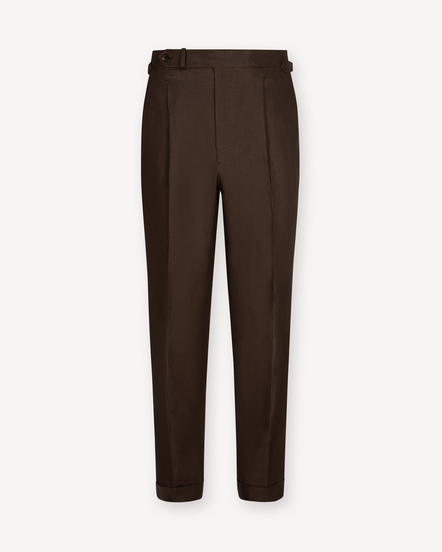 Dark Brown Irish Linen Trousers with Single Pleats and Side Adjusters