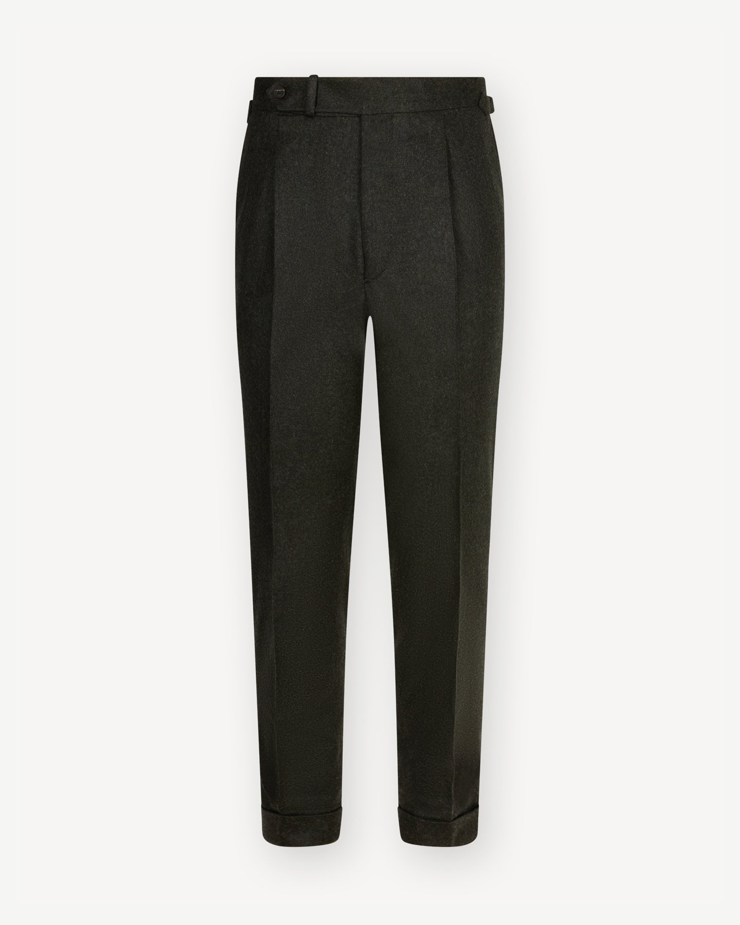 Dark green flannel trousers with single pleats and side adjusters