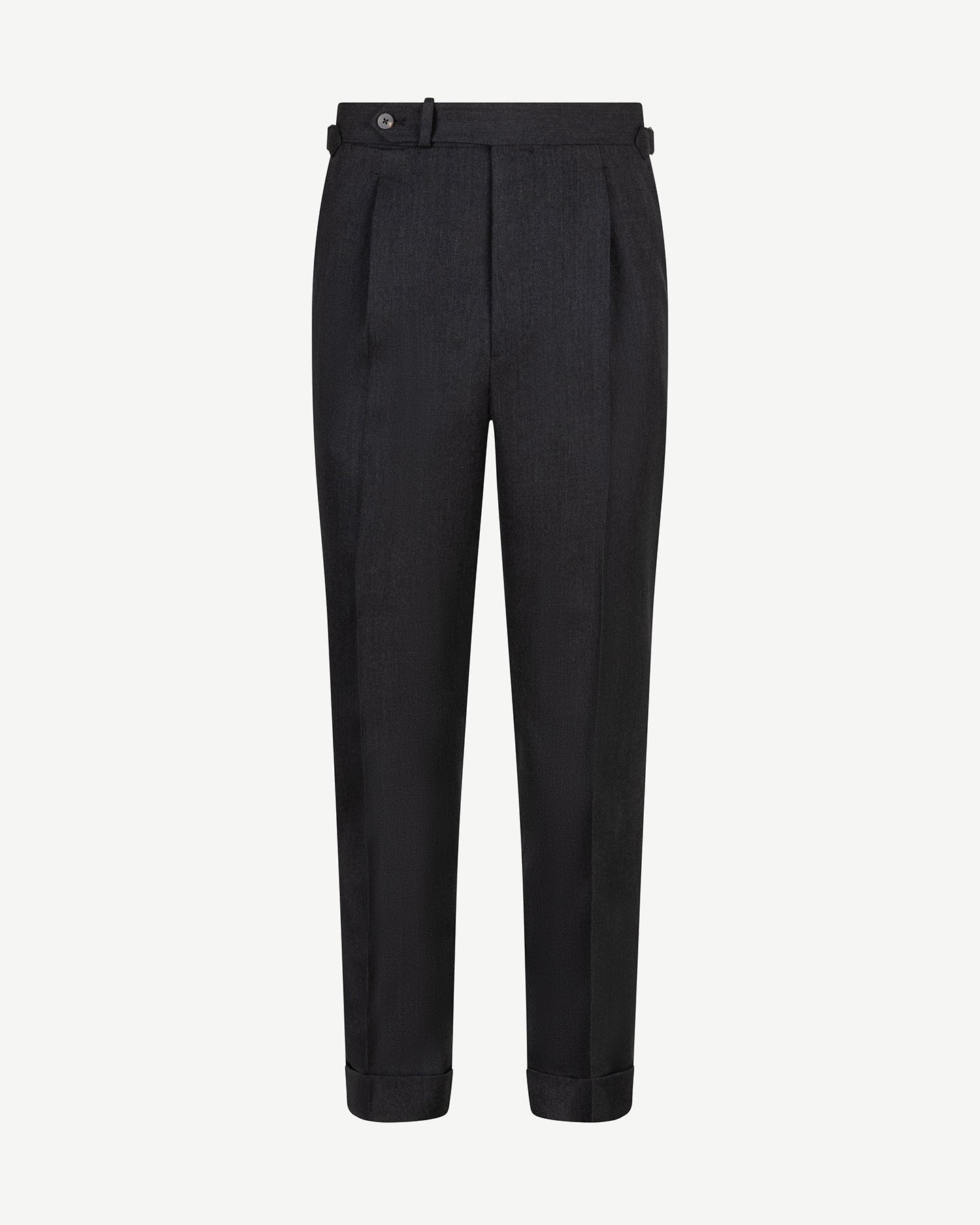 Dark grey cavalry twill trousers with single pleats and side adjusters