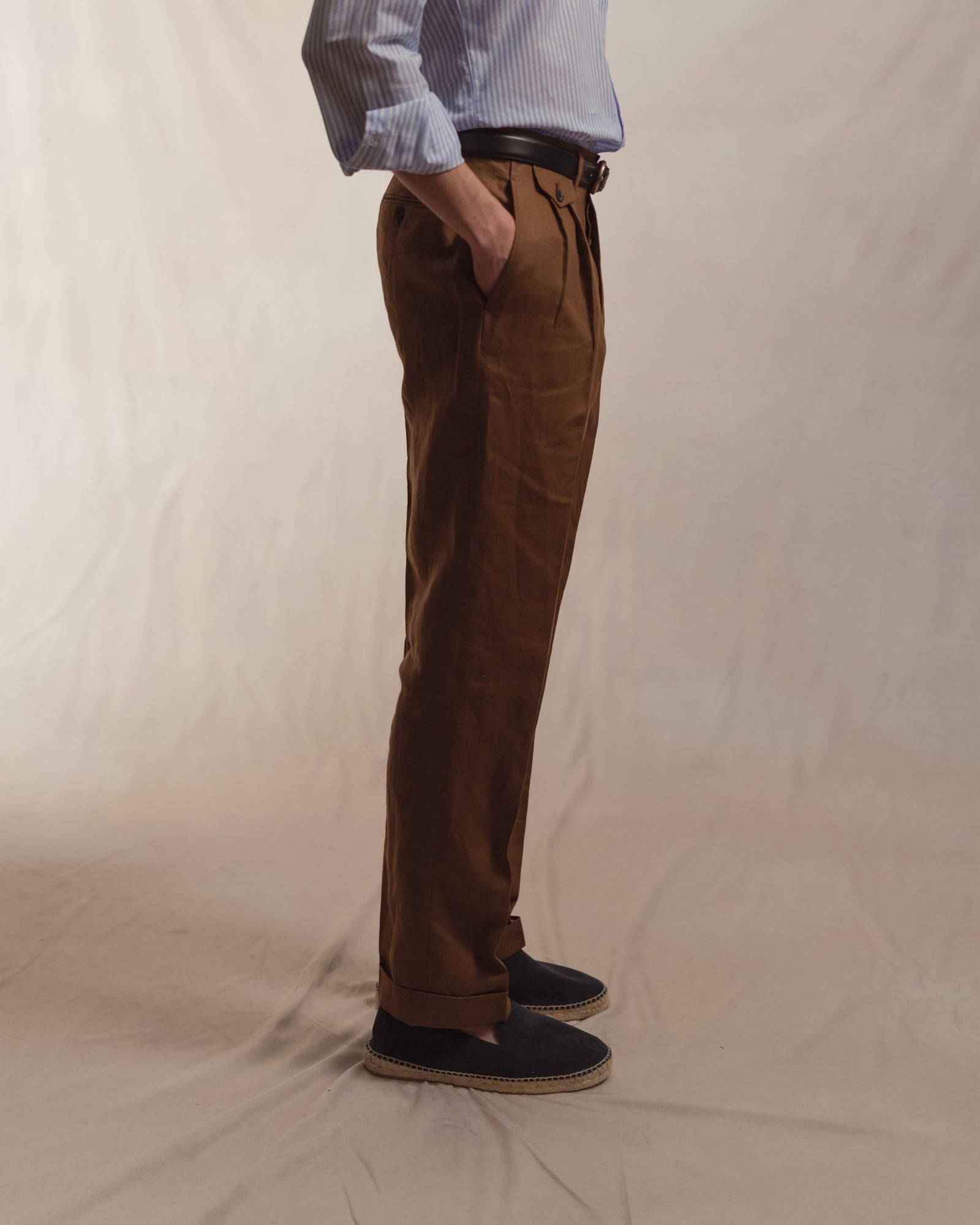 Dark Tan Double Pleat Linen Trousers