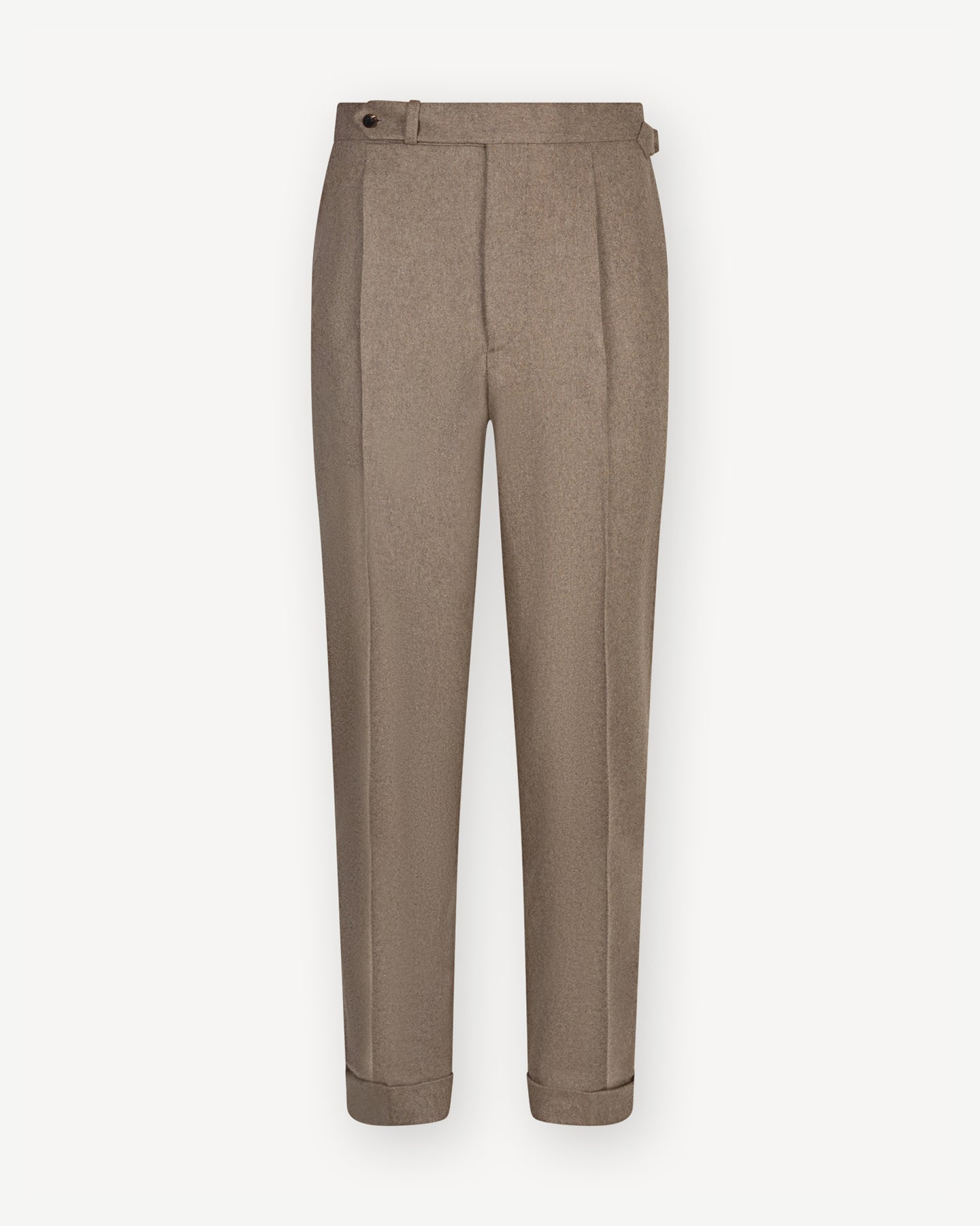 Fawn flannel trousers with single pleats and side adjusters