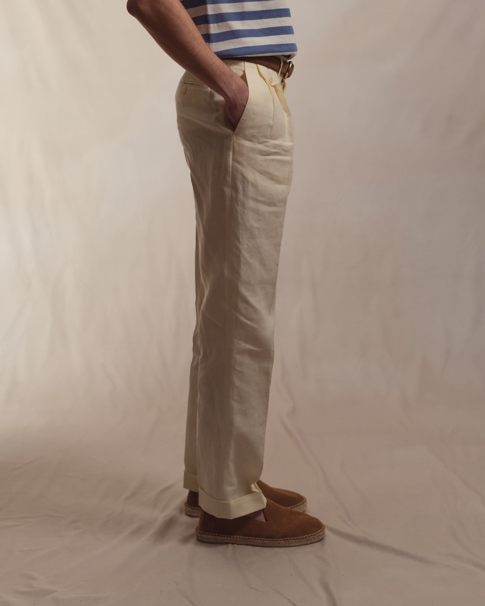 Ivory Double Pleat Linen Trousers