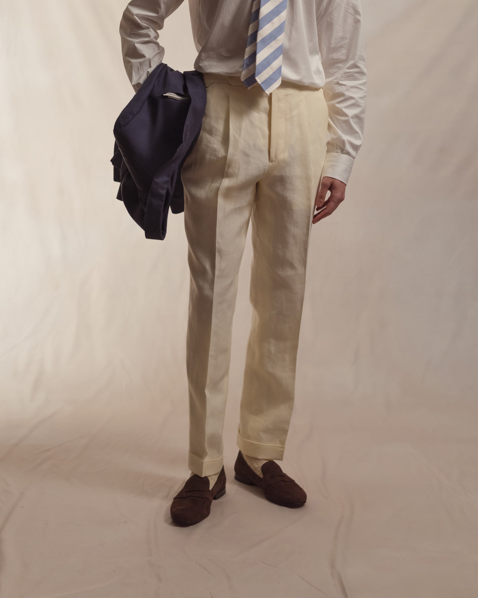 Ivory Single Pleat Linen Trousers