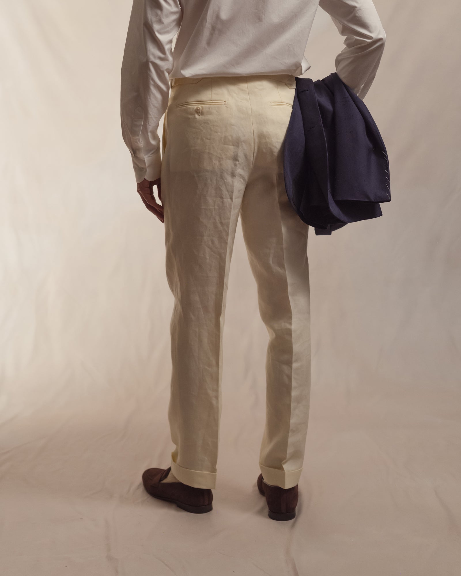 Ivory Single Pleat Linen Trousers