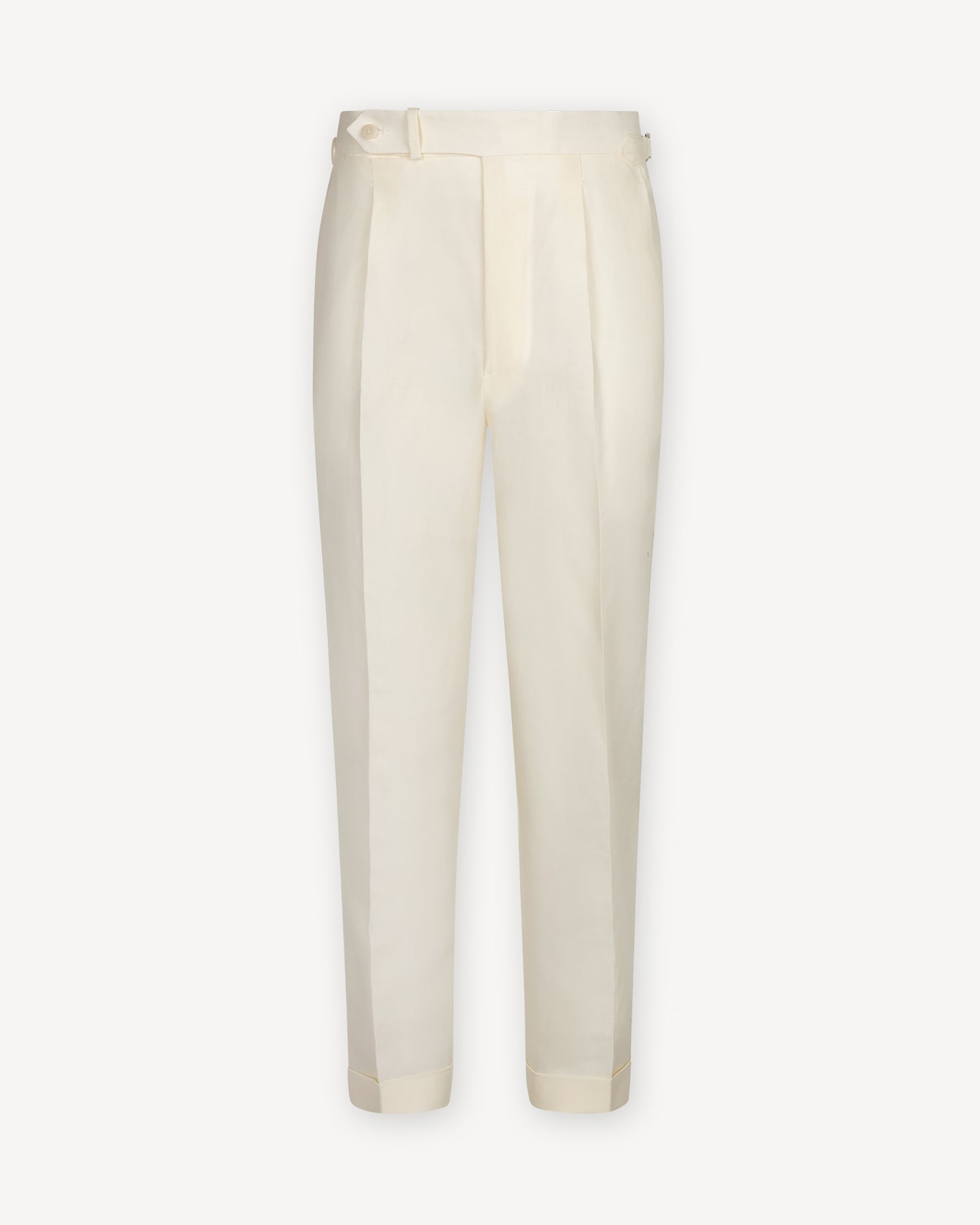 Ivory Irish Linen Trousers with Single Pleats and Side Adjusters