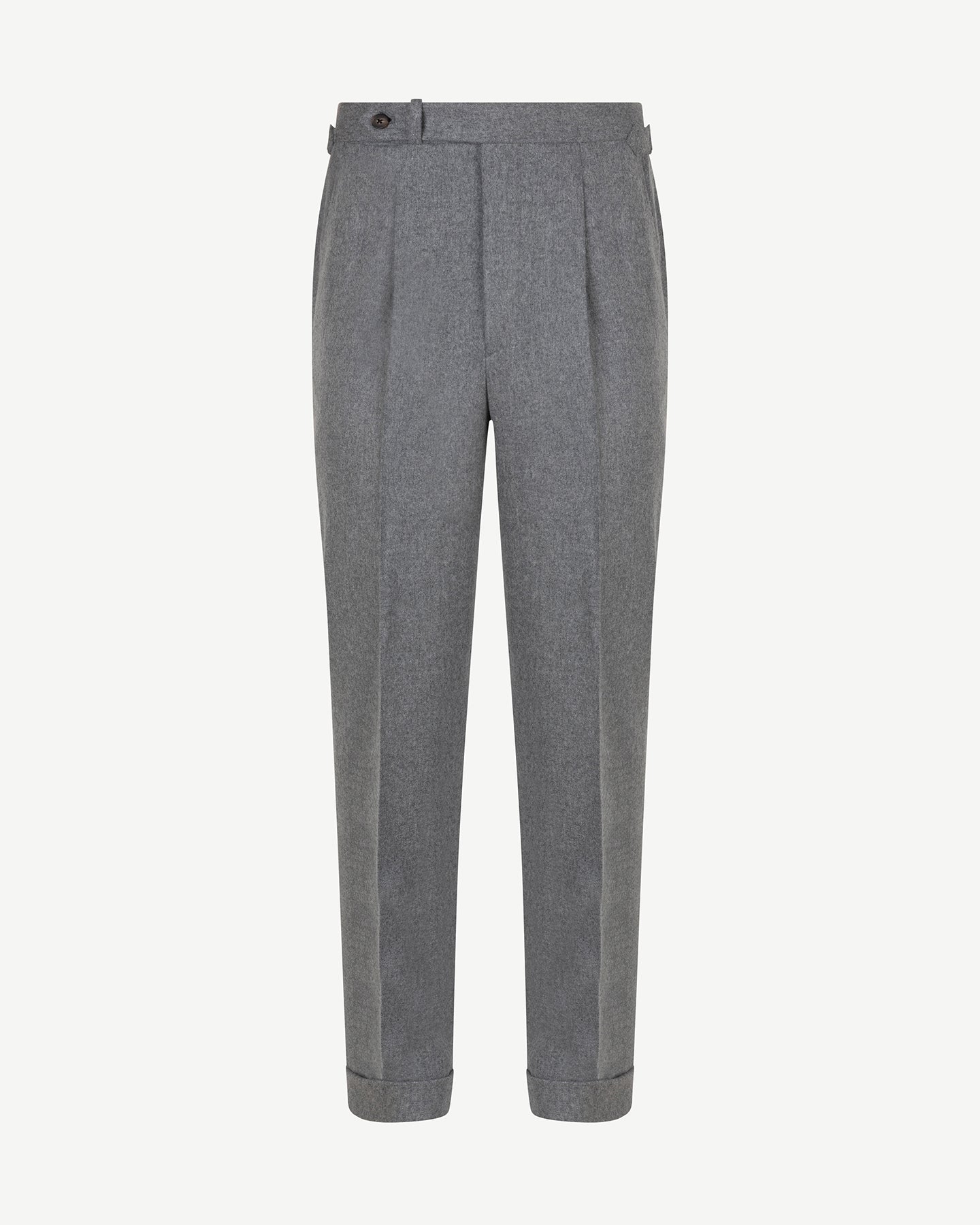Light grey flannel trousers with single pleats and side adjusters