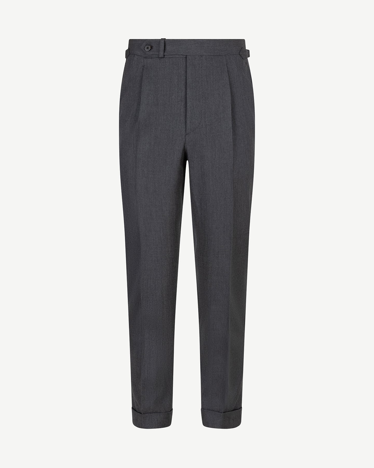 Mid grey cavalry twill trousers with single pleats and side adjusters