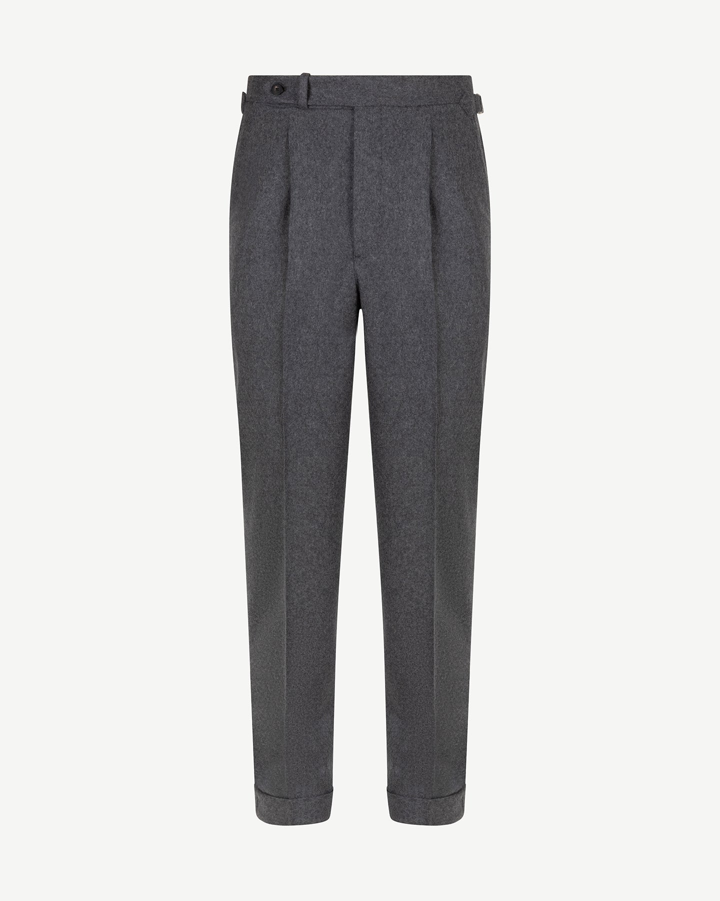 Mid grey flannel trousers with single pleats and side adjusters