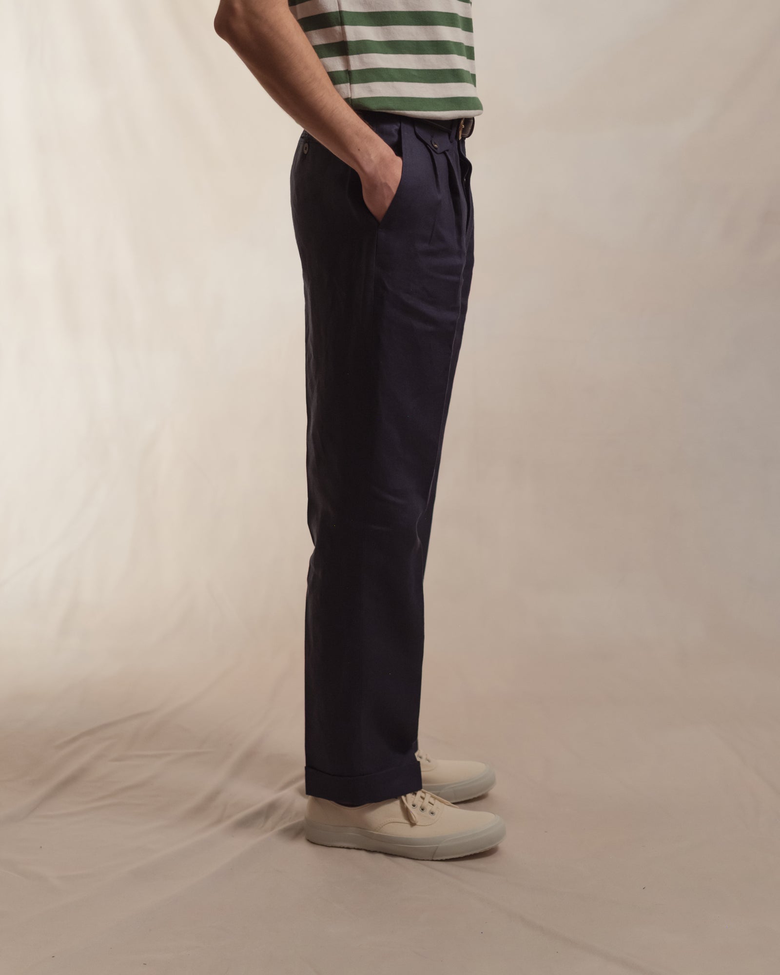 Navy Double Pleat Linen Trousers