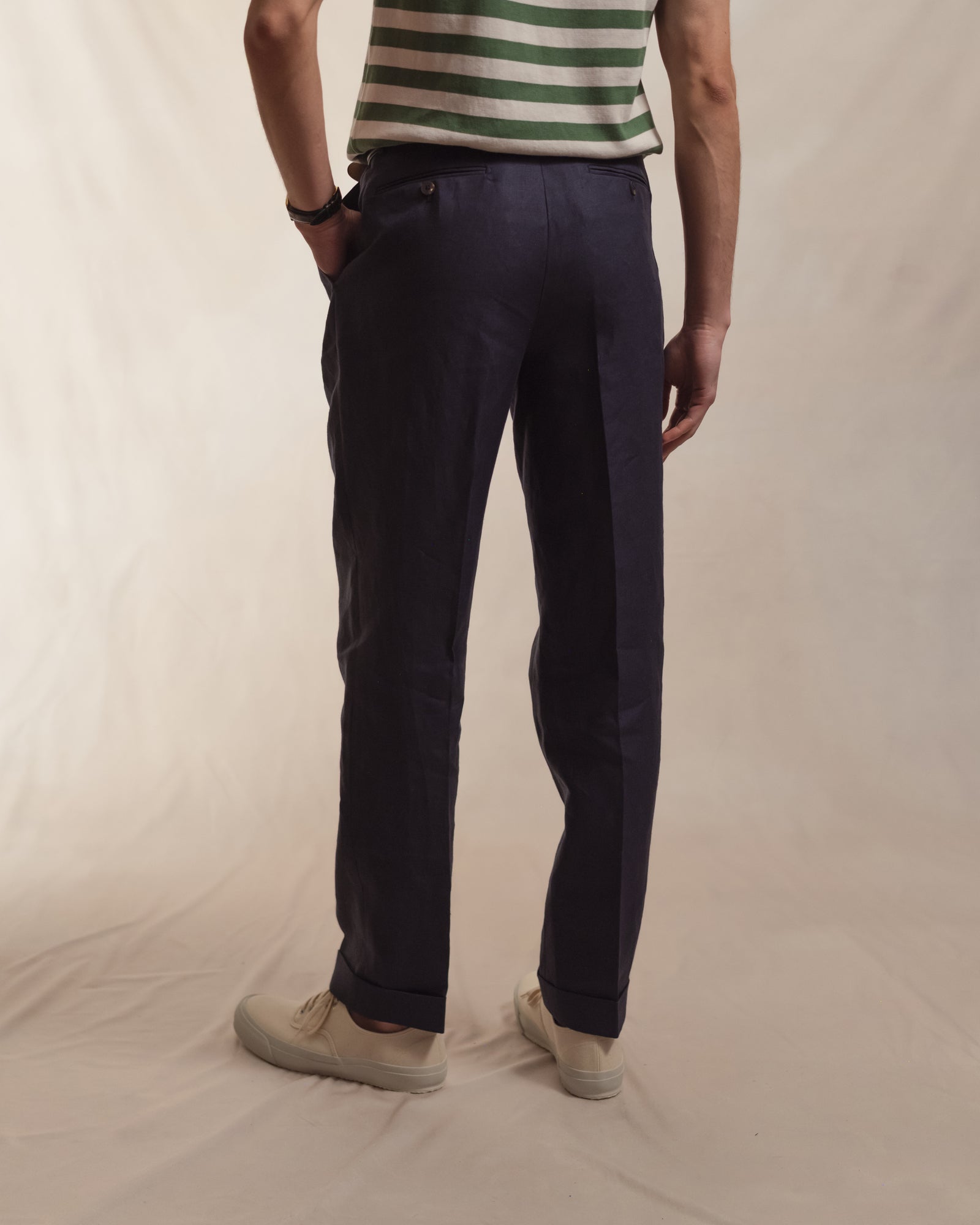 Navy Double Pleat Linen Trousers